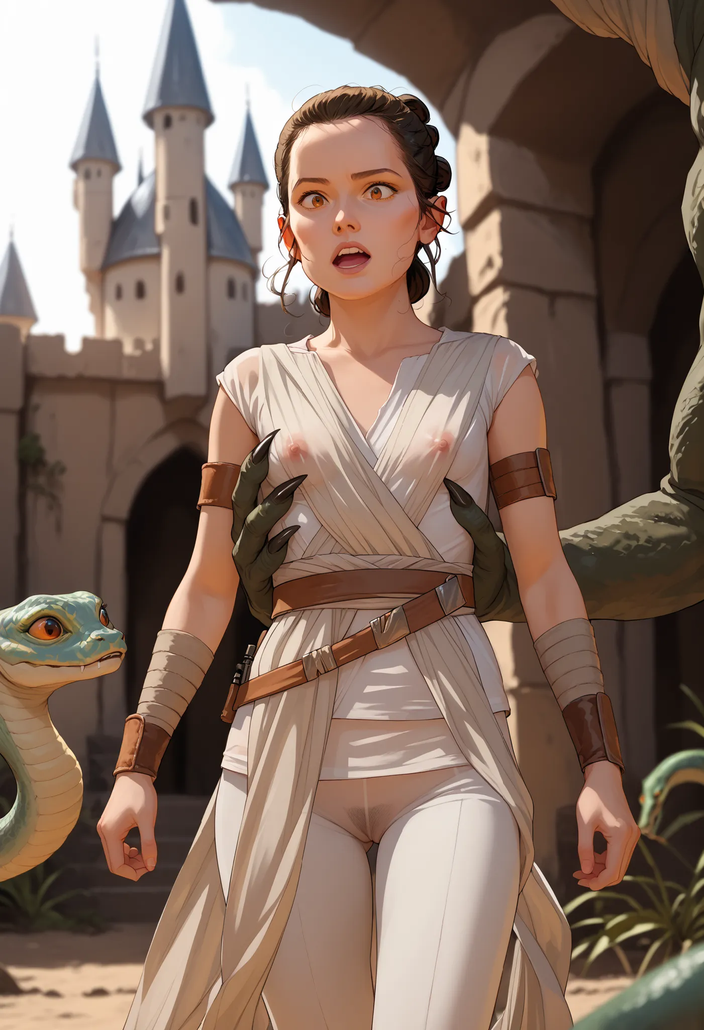 Rey, brown hair, brown eyes, natural small breasts, trim pubic hair, BREAK, see-through sleeveless, see-through jedi, see through white cloth, BREAK, surprised, sexy pose, being groped squeezed and molested by, BREAK (1male) jabba the hutt, monster, snake,...