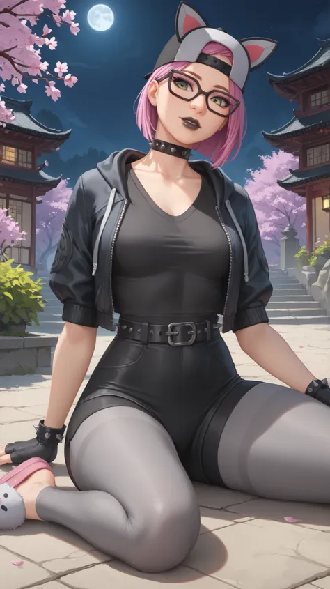 girl (masterpiece)spiked belt,choker,spiked collar,black lips, black cap, black cat ears,fingerless gloves,evening (only)loose V-neck gray T-shirt, black short jacket,black shorts with gray leggings,gray cat slippers,tight spandex shorts,video games, exter...