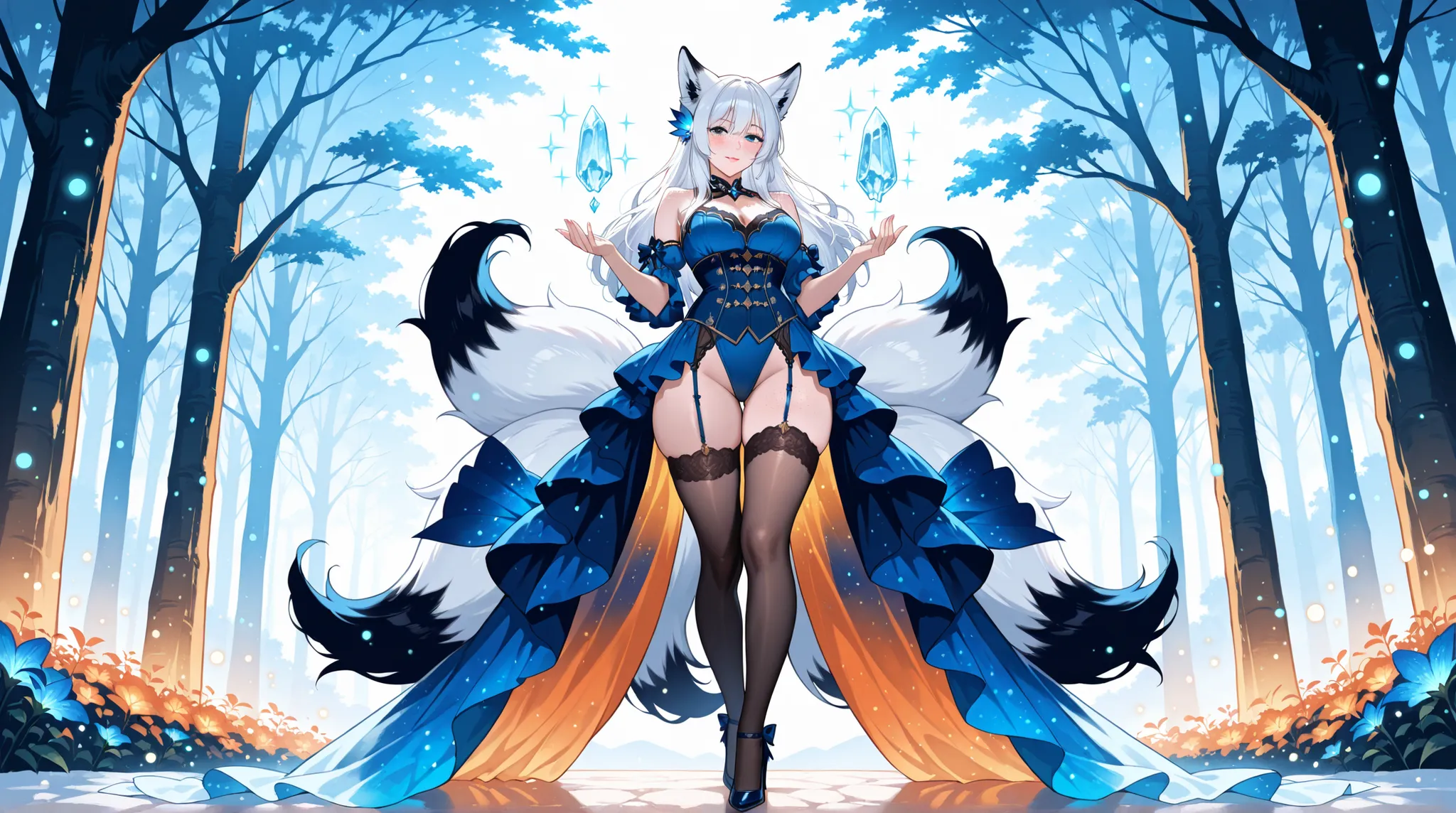 A voluptuous, hyper-realistic, extremely beautiful fox girl with big and wide hips, seductive pose, wearing a blue corset with ice sparkles, stockings with high heels, big butt, big . standing in a magical forest with glowing flowers and fog, soft lightin...