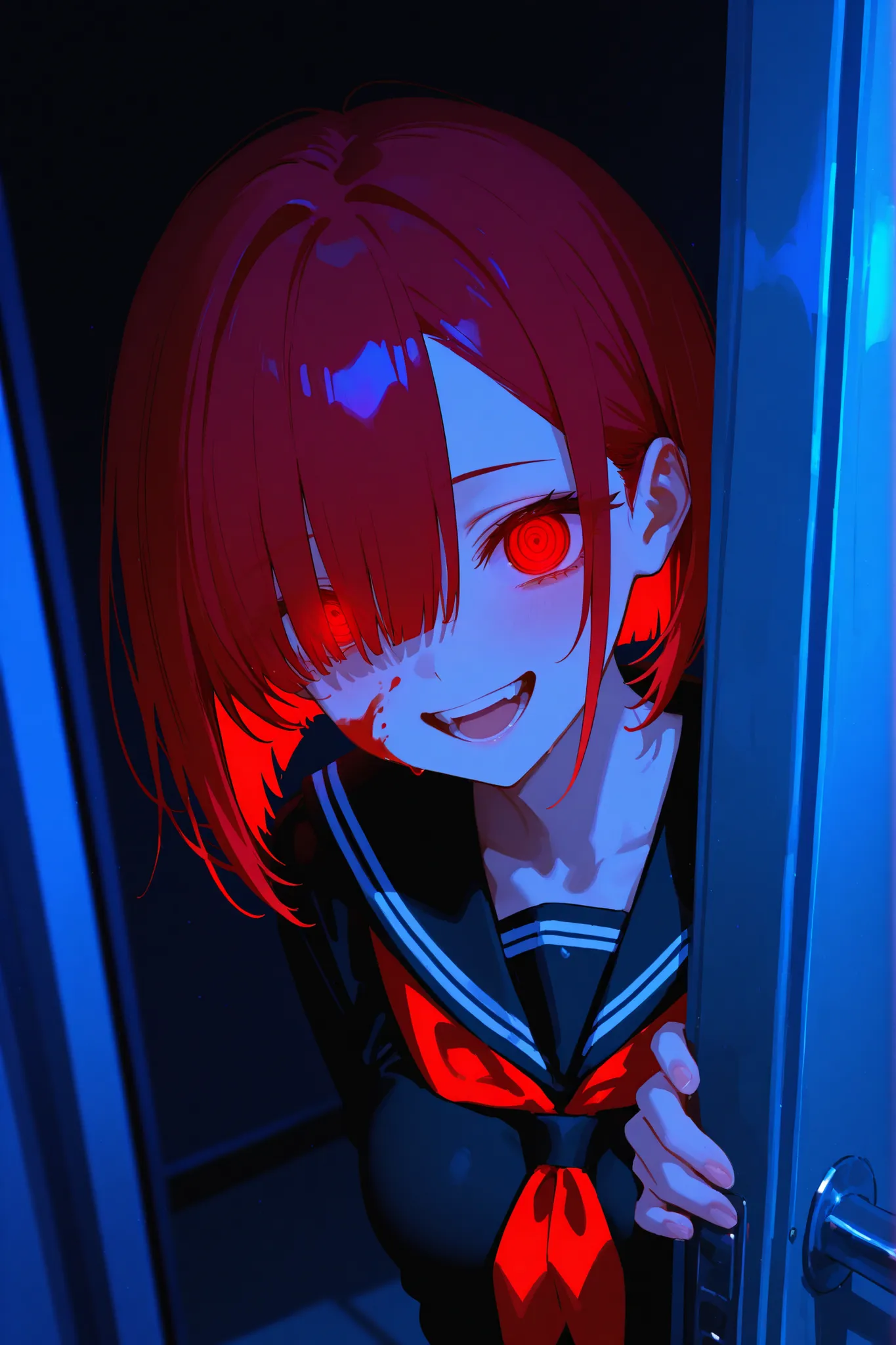 masterpiece, best quality, amazing quality, absurdres, HDR, vivid colors, 1girl solo, red eyes, ringed eyes, glowing eyes, red hair, short asymmetrical bobcut, hair over eye, asymmetrical bangs, medium breasts, black seifuku, teeth, open mouth, blood on fa...
