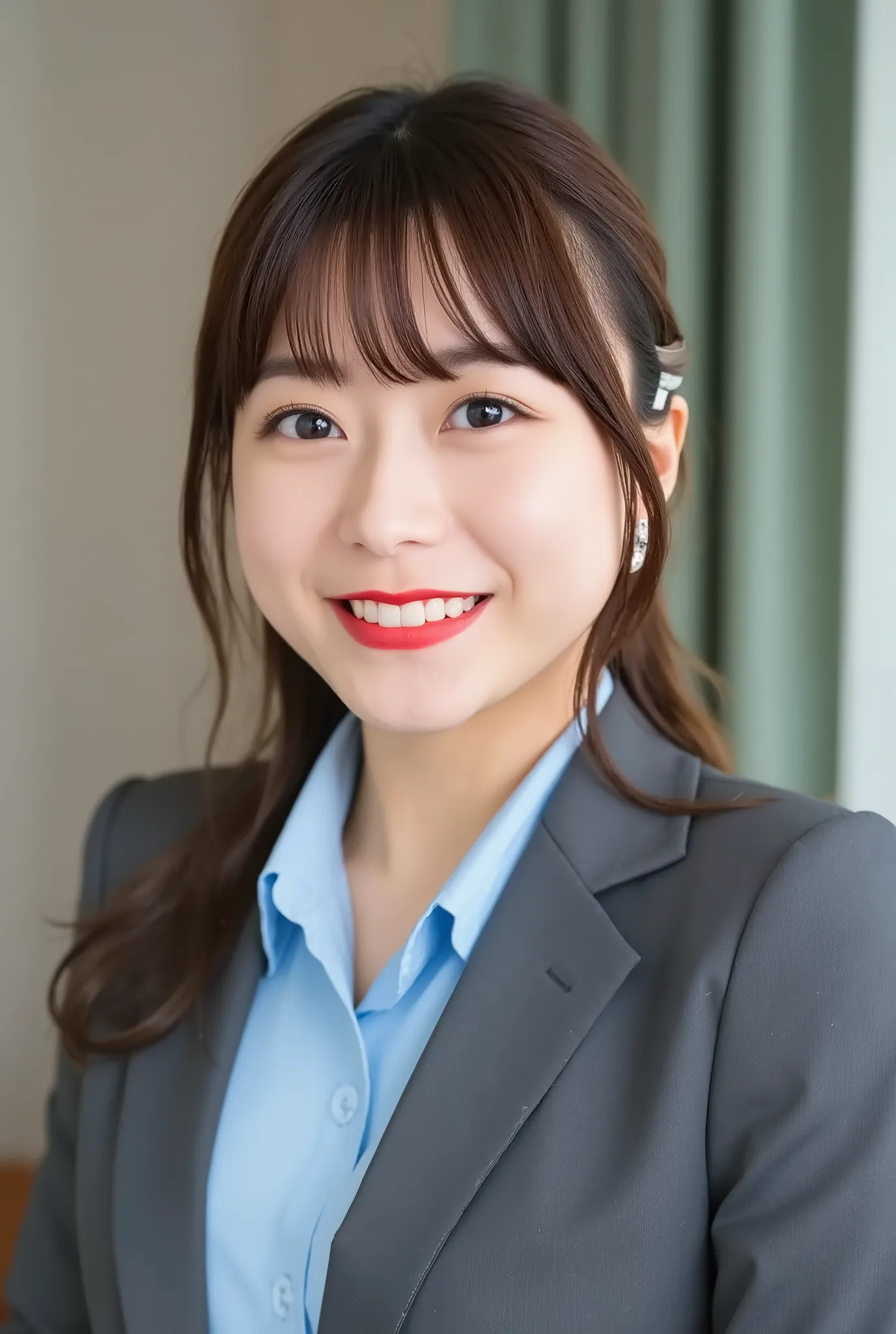 A neat and clean young woman、office lady suit、jacket、shirt、necklace、and look at the camera、hairstyle shortcuts、 pale brown hair、 smile showing teeth、ear piercing、upper body、Background is in a room、