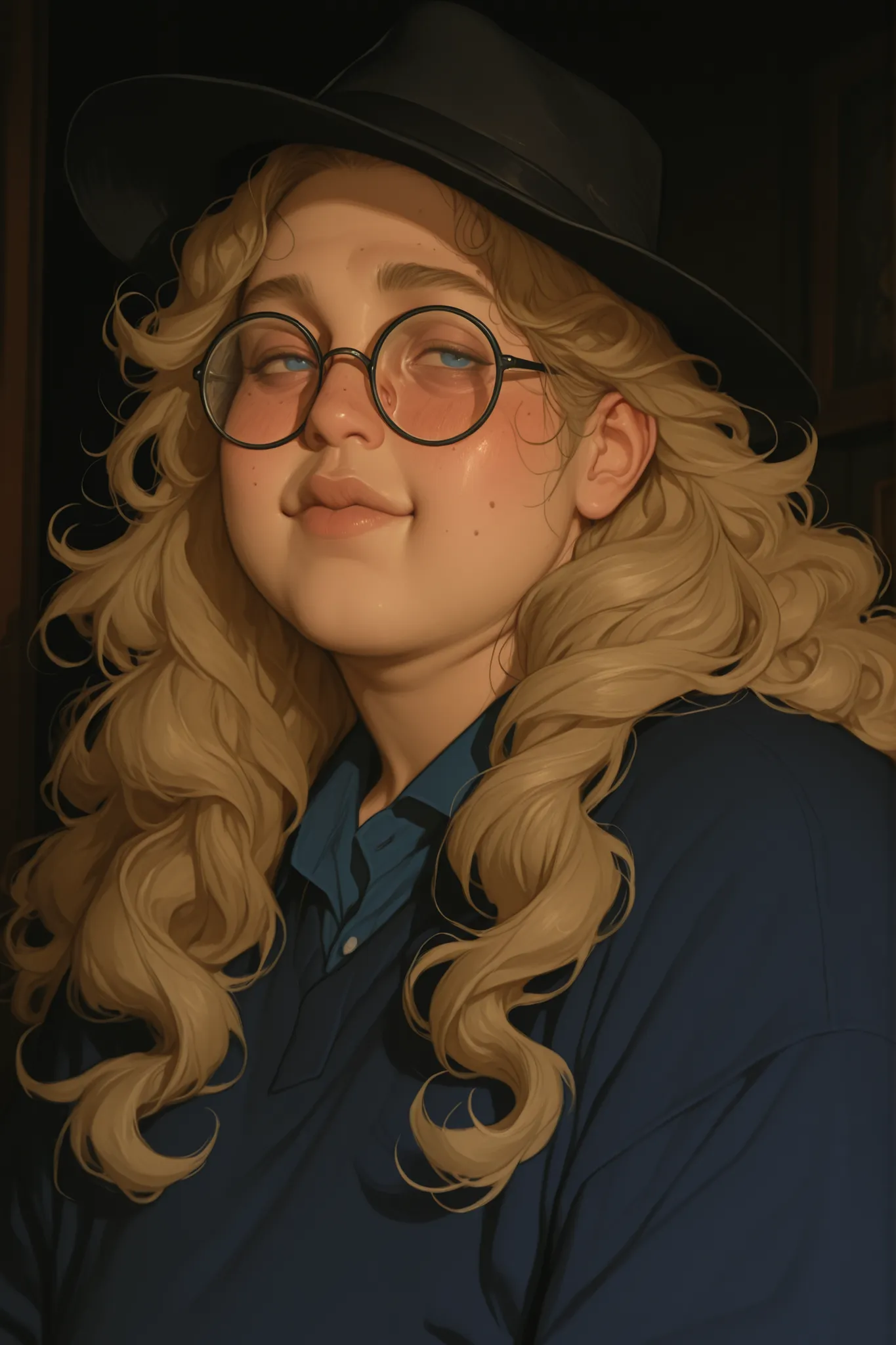 chubby grunge goth themed nerdy boy in his 20s, chubby, plus size. round cherubic face, blue polo shirt with dark blue sweater over it, thick rimmed glasses, acne on face, long greasy blonde curly hair, mean looking, long hair passed shoulders, curly blond...