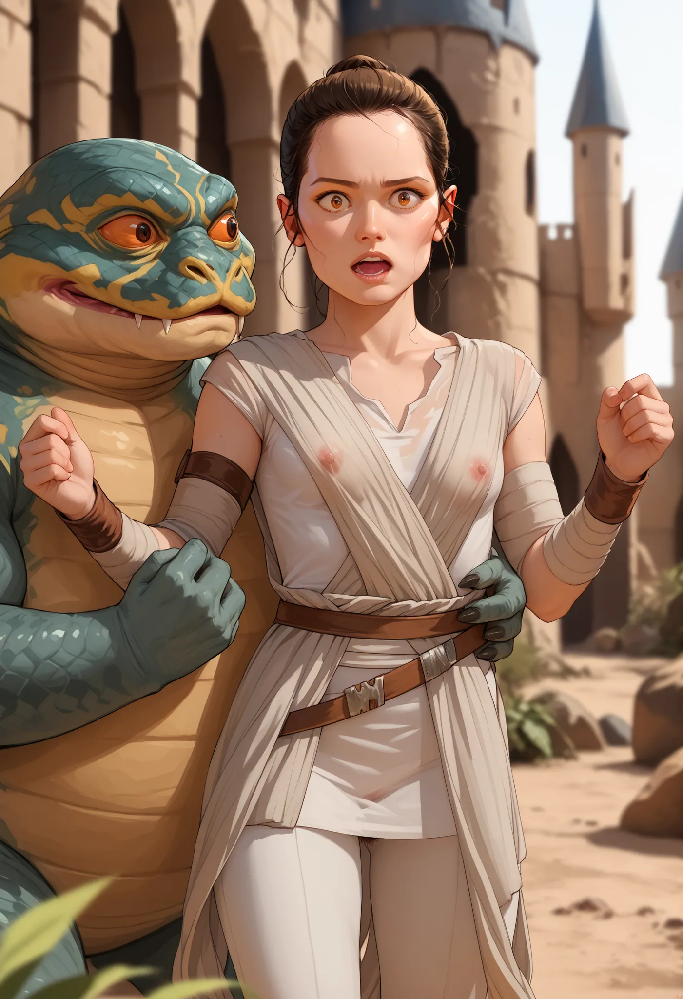 Rey, brown hair, brown eyes, natural small breasts, trim pubic hair, BREAK, see-through sleeveless, see-through jedi, see through white cloth, BREAK, surprised, sexy pose, being groped squeezed and molested by, BREAK (1male) jabba the hutt, monster, snake,...