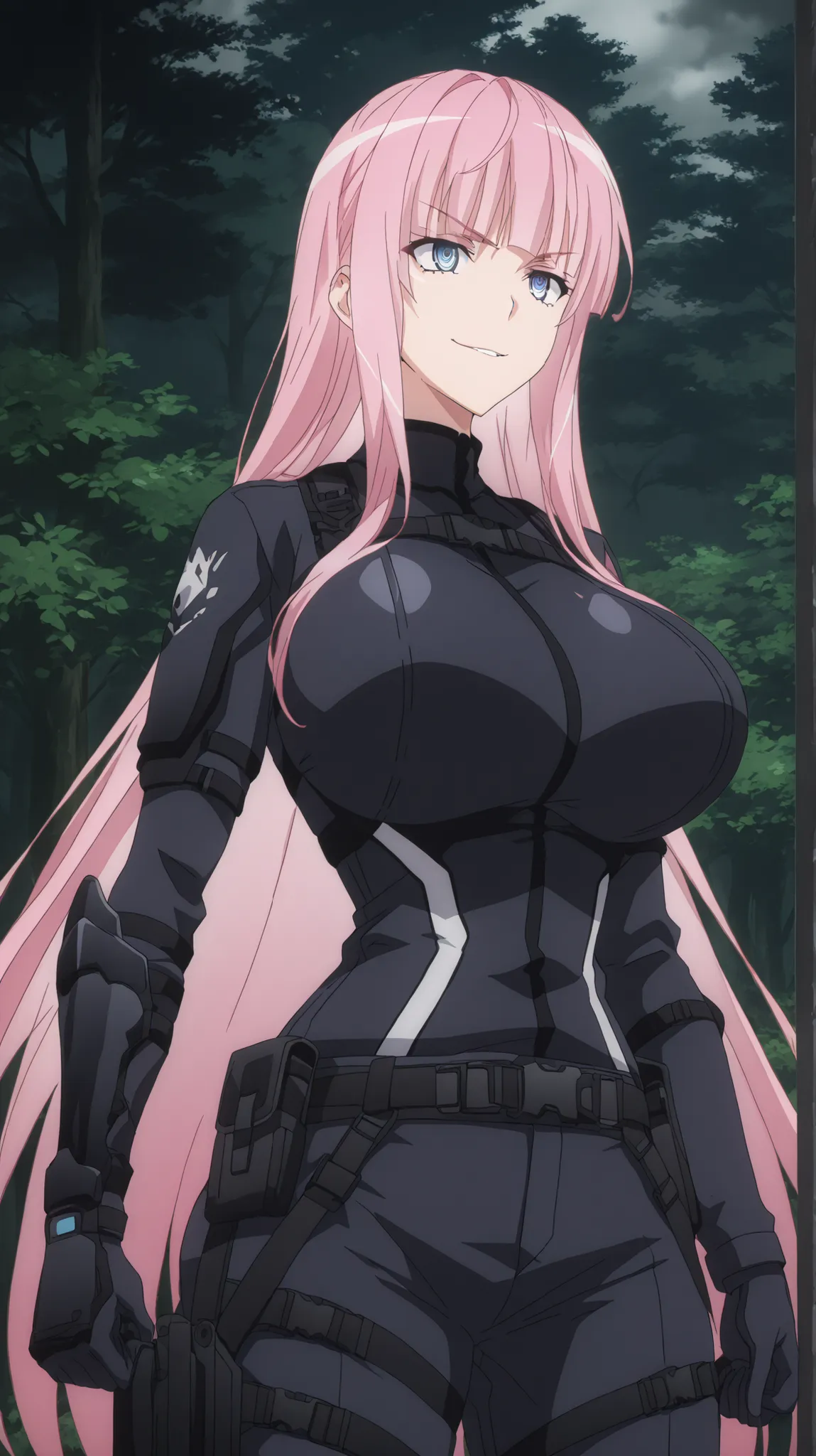 absurdres, (((Ultra HD))), (((Ultra High Quality))), ((hyper detailed)), ((Ultra High Resolution)), (Highly rendered), ((detailed eyes)), (((8K))), ((perfect face)), ((masterpiece)), cinematic, solo, 1girl, tall, thin, blue eyes, pink hair, smirk, long hai...