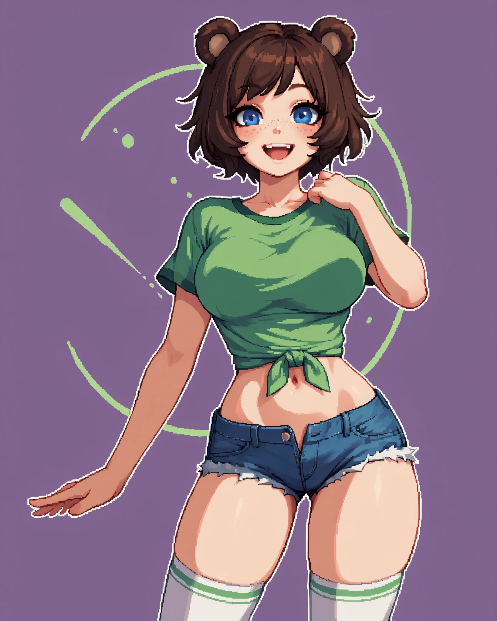 score_9_up, score_8_up, score_7_up, 1girl, solo, source_anime, curvacious_body, narrow waist, Big breasts, kemonomimi, pixel art, bear ears, brown hair, short hair, bangs, messy_hair, blue eyes, freckles BREAK 

Green shirt, short sleeves, navel, tied_shir...
