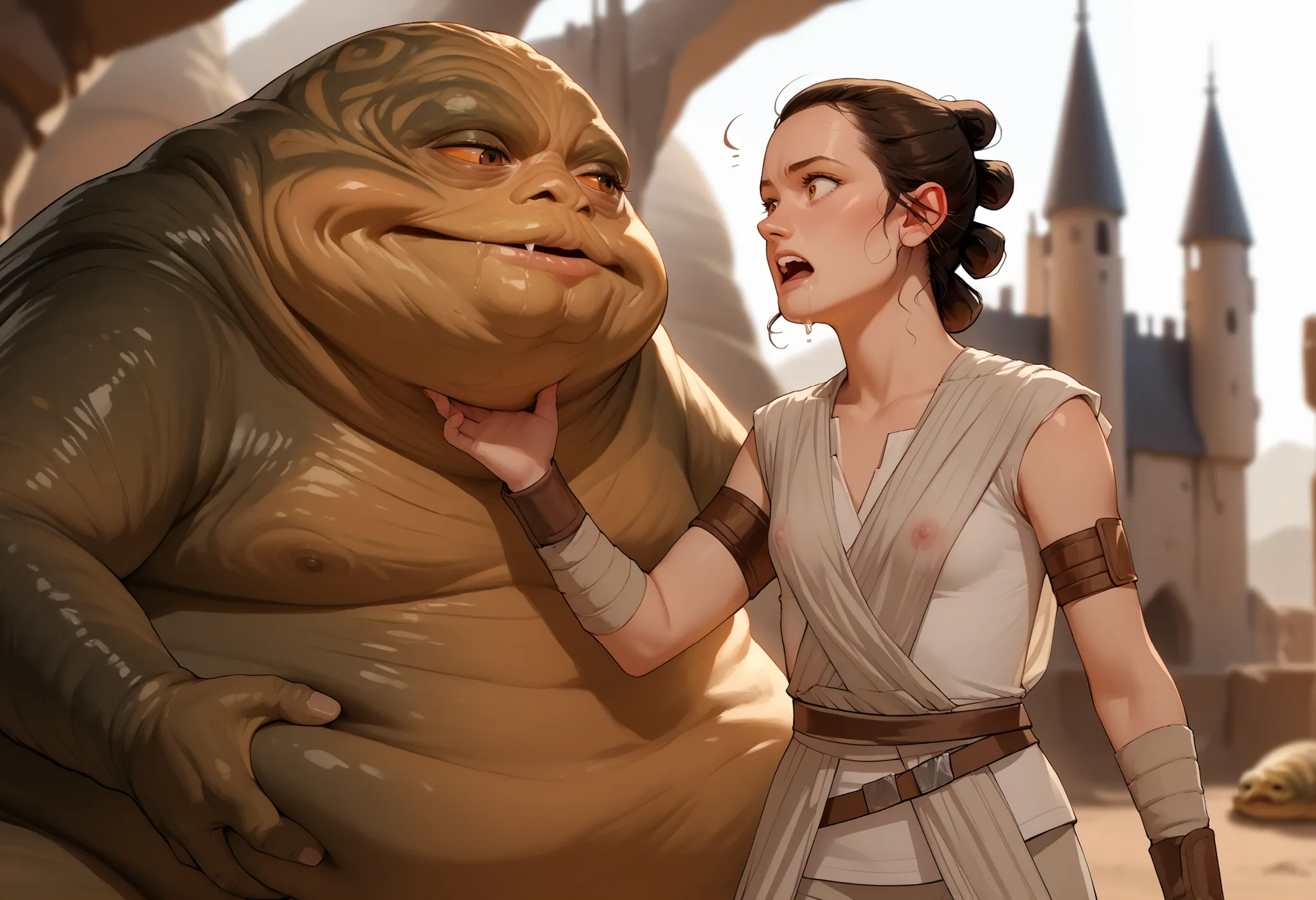 Rey, brown hair, brown eyes, natural small breasts, trim pubic hair, BREAK, see-through sleeveless, see-through jedi, see through white cloth, BREAK, surprised, being groped squeezed and molested by, BREAK (1male) (jabba the hutt), monster, snake, orange s...