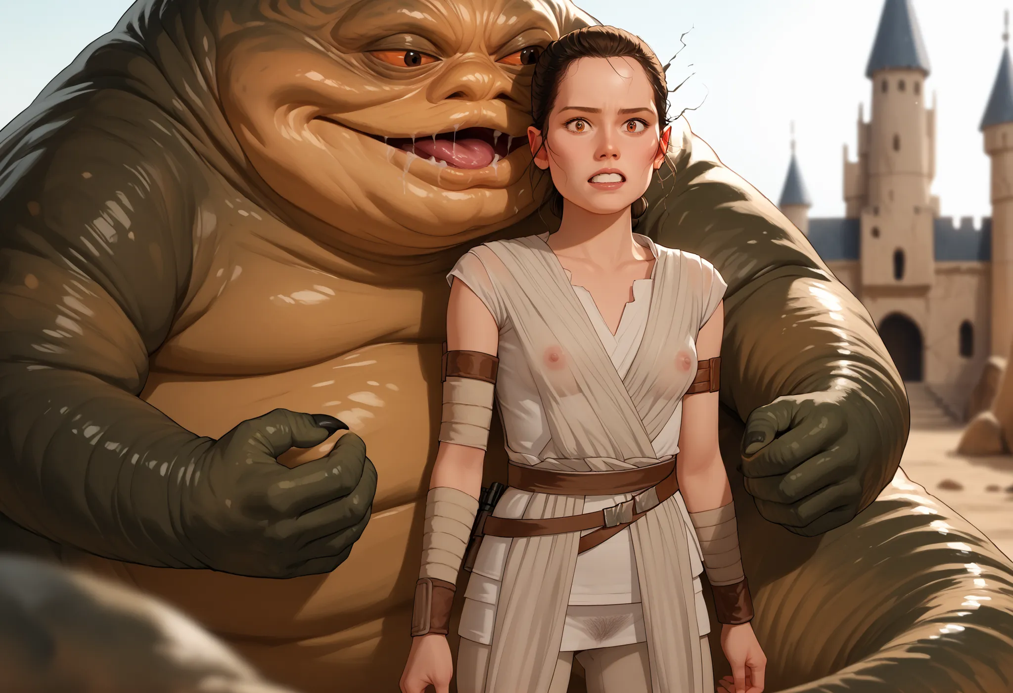 Rey, brown hair, brown eyes, natural small breasts, trim pubic hair, BREAK, see-through sleeveless, see-through jedi, see through white cloth, BREAK, surprised, grabbed from behind, being groped squeezed and molested by, BREAK (1male) (jabba the hutt), mon...