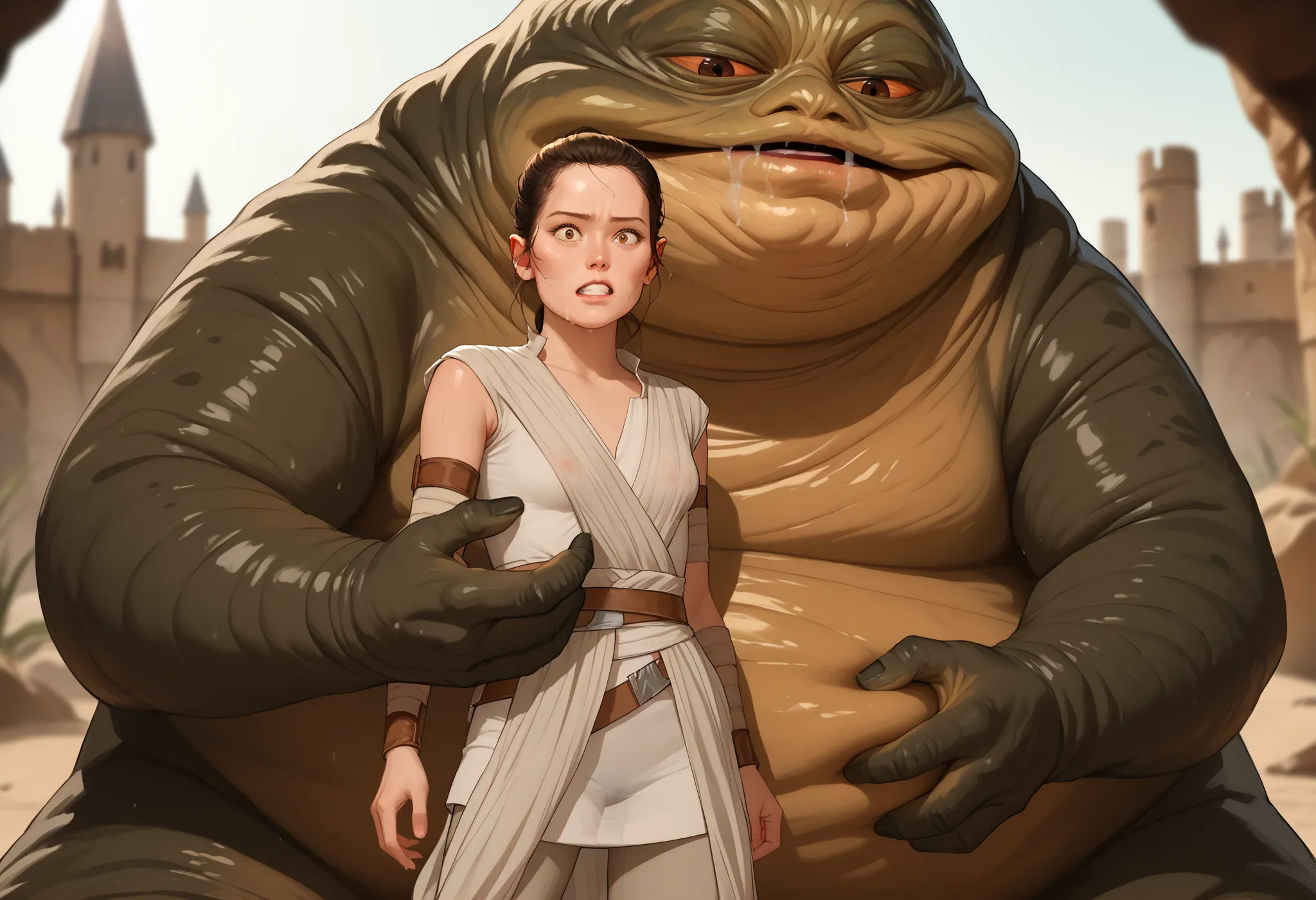 Rey, brown hair, brown eyes, natural small breasts, trim pubic hair, BREAK, see-through sleeveless, see-through jedi, see through white cloth, BREAK, surprised, grabbed from behind, being groped squeezed and molested by, BREAK (1male) (jabba the hutt), mon...