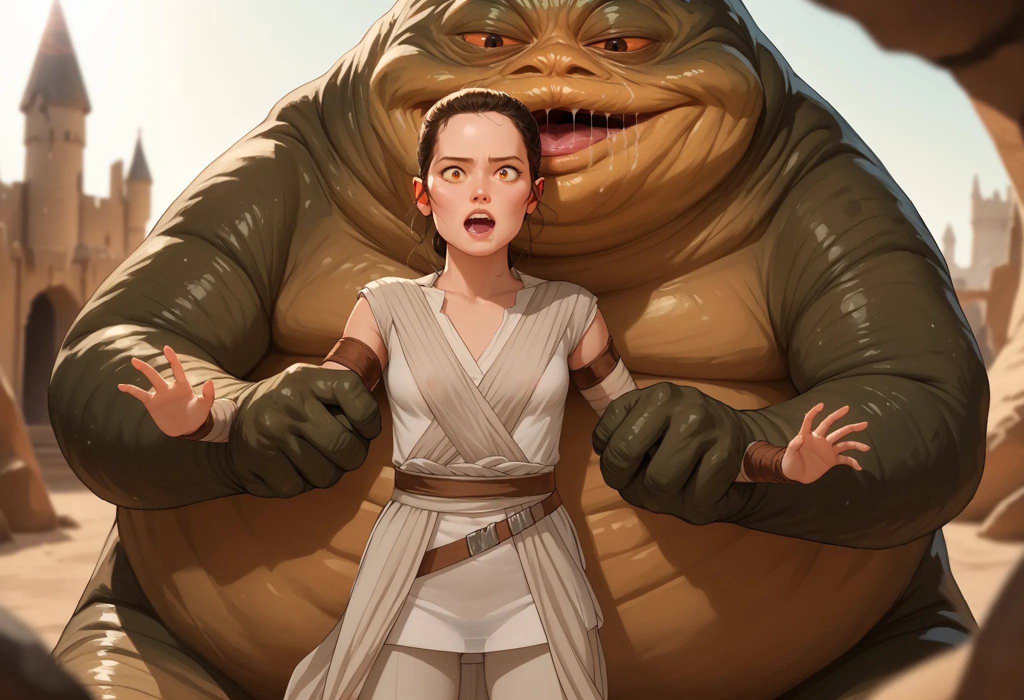 Rey, brown hair, brown eyes, natural small breasts, trim pubic hair, BREAK, see-through sleeveless, see-through jedi, see through white cloth, BREAK, surprised, grabbed from behind, being groped squeezed and molested by, BREAK (1male) (jabba the hutt), mon...