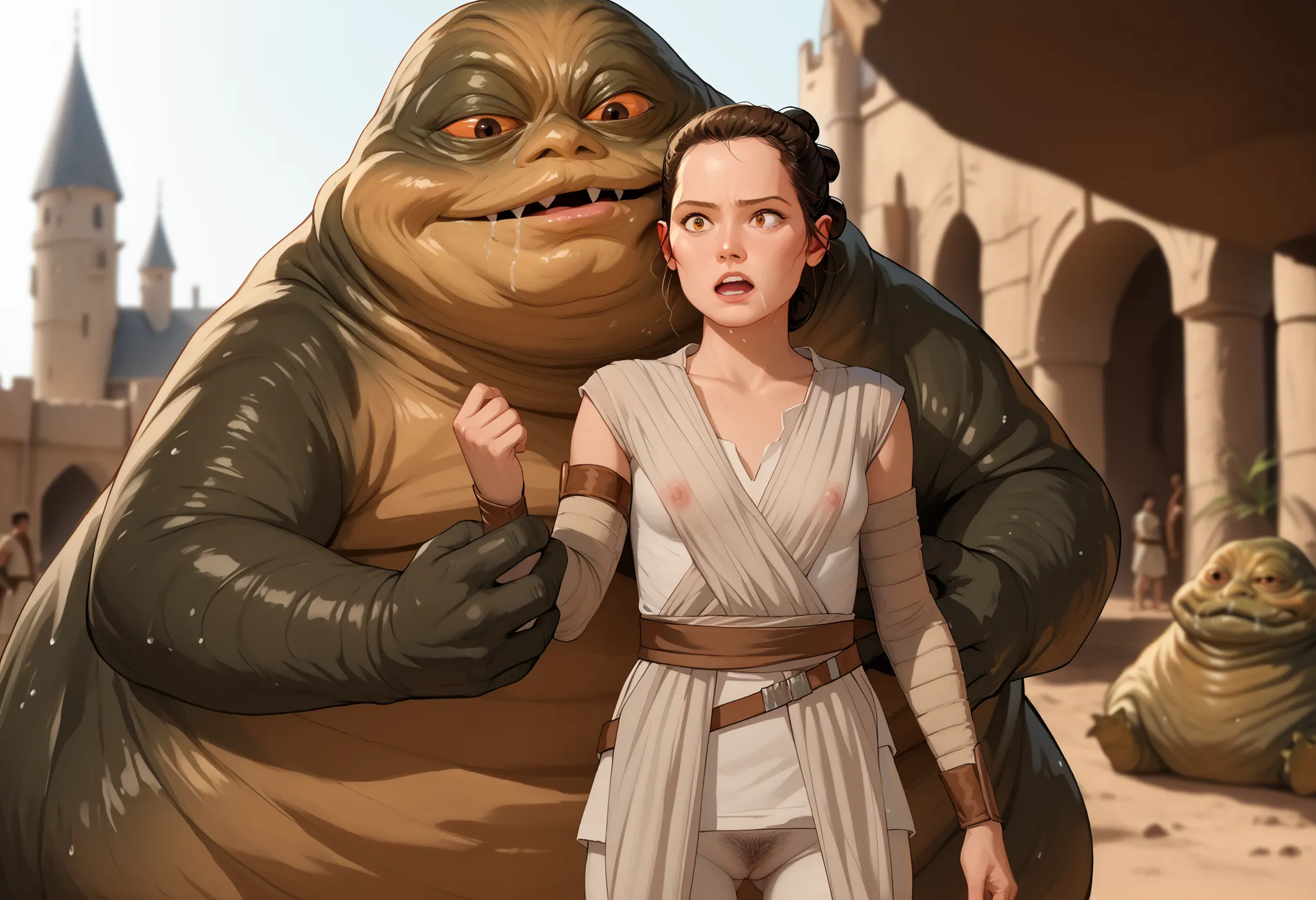 Rey, brown hair, brown eyes, natural small breasts, trim pubic hair, BREAK, see-through sleeveless, see-through jedi, see through white cloth, BREAK, surprised, grabbed from behind, being groped squeezed and molested by, BREAK (1male) (jabba the hutt), mon...