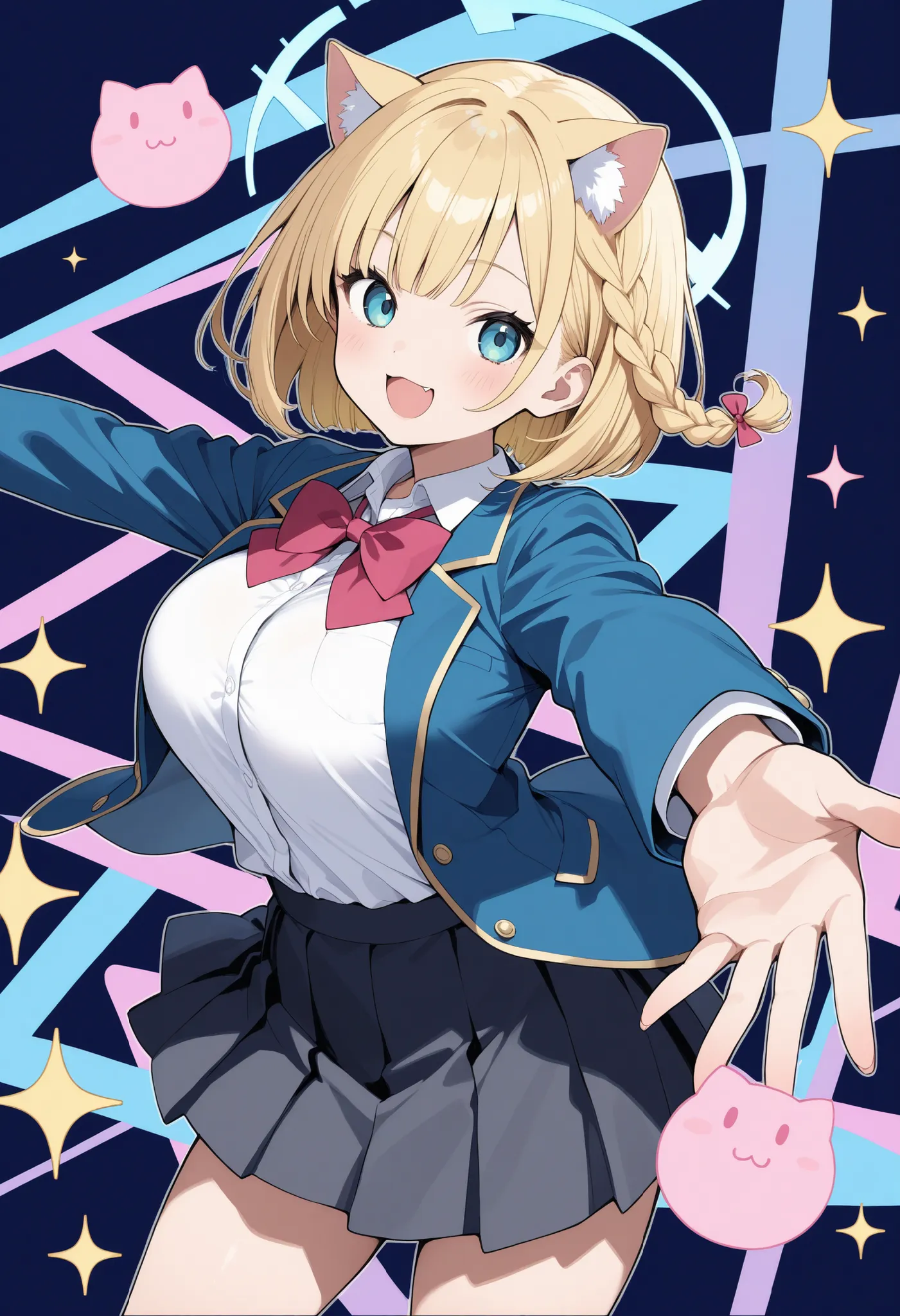 Blonde Cat Ears、bob cut blonde hair、 braids on both sides、big breasts