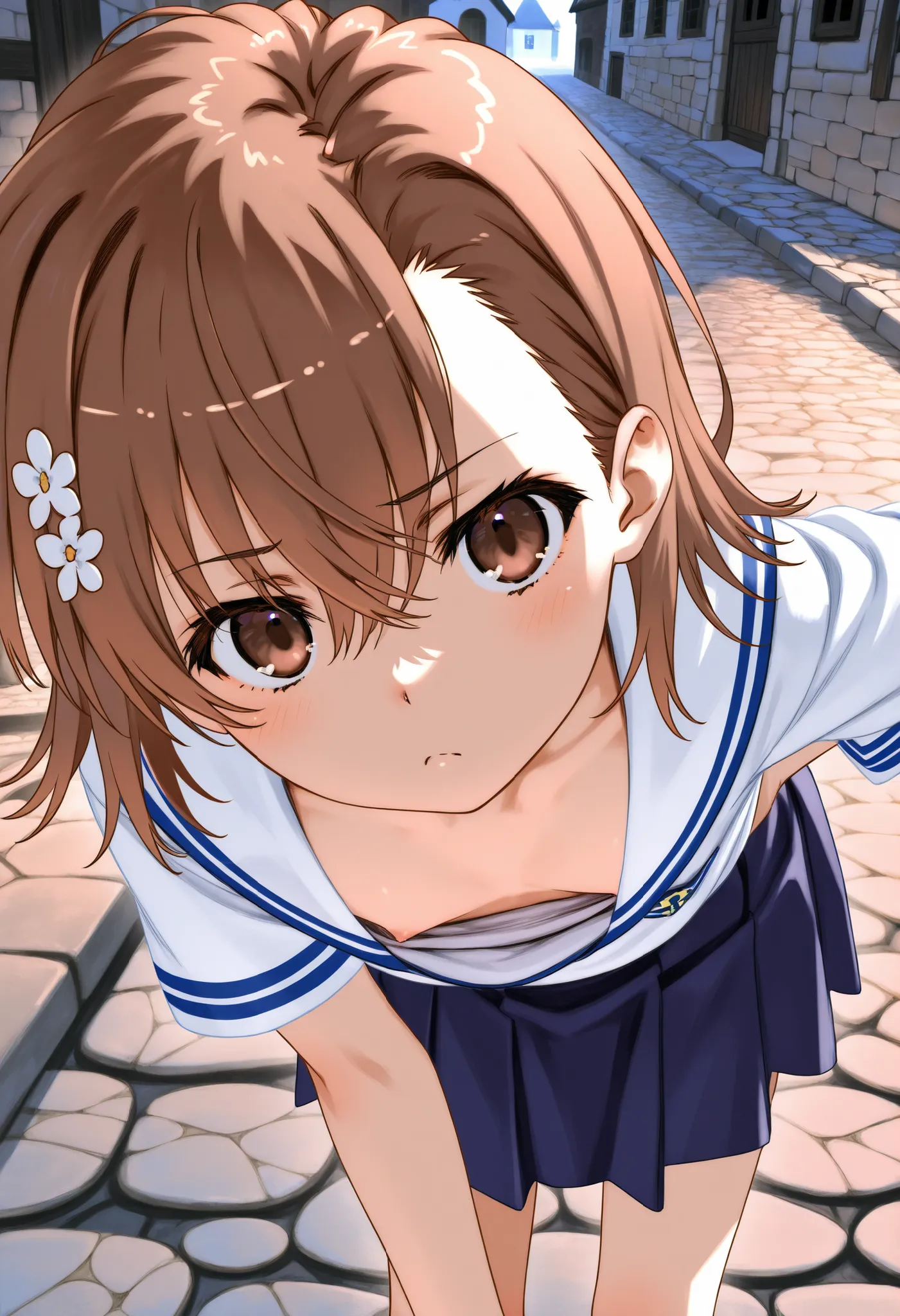 (Misaka Mikoto:1.5)、(ultra small chest:1.3)、(ultra flat chest:1.3)、(bent over:1.1)、(downblouse:1.1)、(nipple slip-out:0.7)、(ultra super fine illustration:1.1)、(extremely detailed CG:1.1)、(best quality:1.1)、(cobblestone streets in a medieval town:1.1)、(ultra...