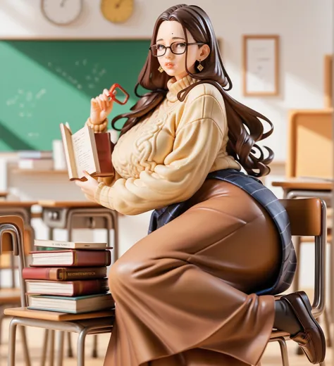 Masterpiece, Best quality, solo, ((school setting)), brown hair, 1girl, Asian, mature female, glasses, mole on forehead, big breasts, big ass, sweater, long skirt, loafers, luscious lips, holding books, ((shading))