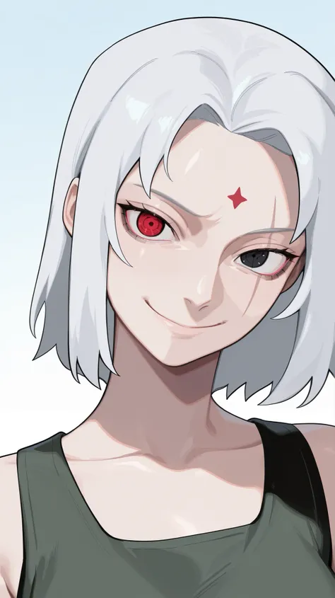 masterpiece, best quality, amazing quality, newest, very aesthetic,1girl,uchiha from \(naruto anime\),tanktop,short,looking at the viewer,sharingan eyes,smile,white hair,sharingan