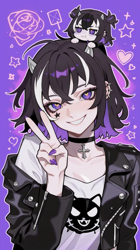 masterpiece, best quality, amazing quality, newest, very aesthetic, 1girl,Image is a digital illustration in a chibi anime style, featuring a character with a split hair color design, half white and half black. The character has large, expressive eyes with...