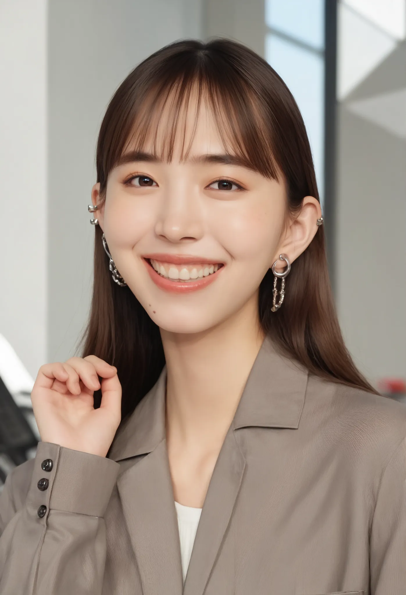 Neat Young Woman、and look at the camera、office lady suit、jacket、shirt、Hairstyle Semi Long、 pale brown hair、smile showing teeth、dark eyeshadow、ear piercing、Background is in a room