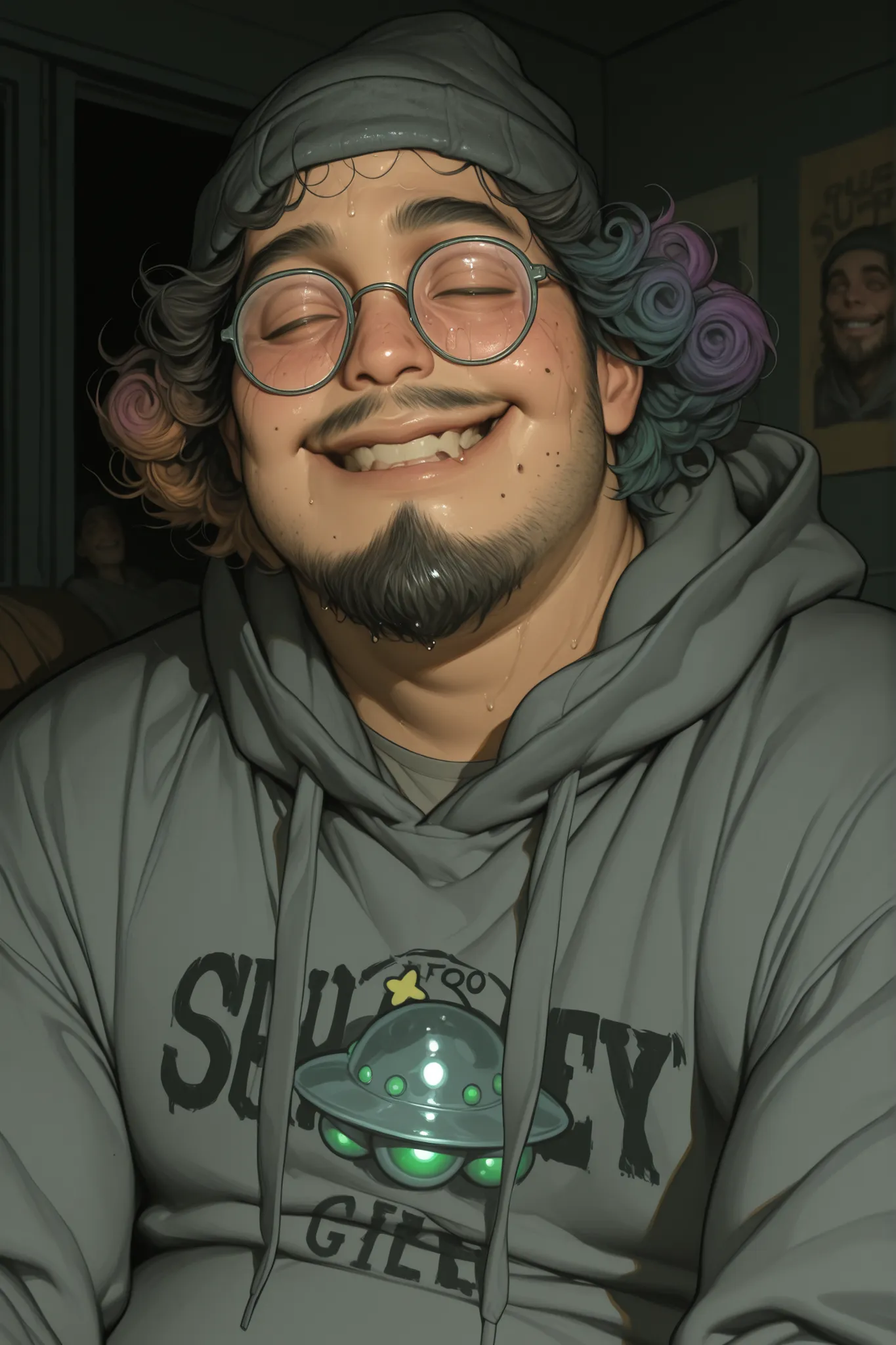 1 boy, chubby grunge goth themed nerdy boy in his 20s, chubby, plus size. fat cherubic face, grey hoodie with an alien ufo on the front, short facial hair, acne on face, short greasy rainbow hair curly hair, squared glasses, acne on face, moles, chin hairs...