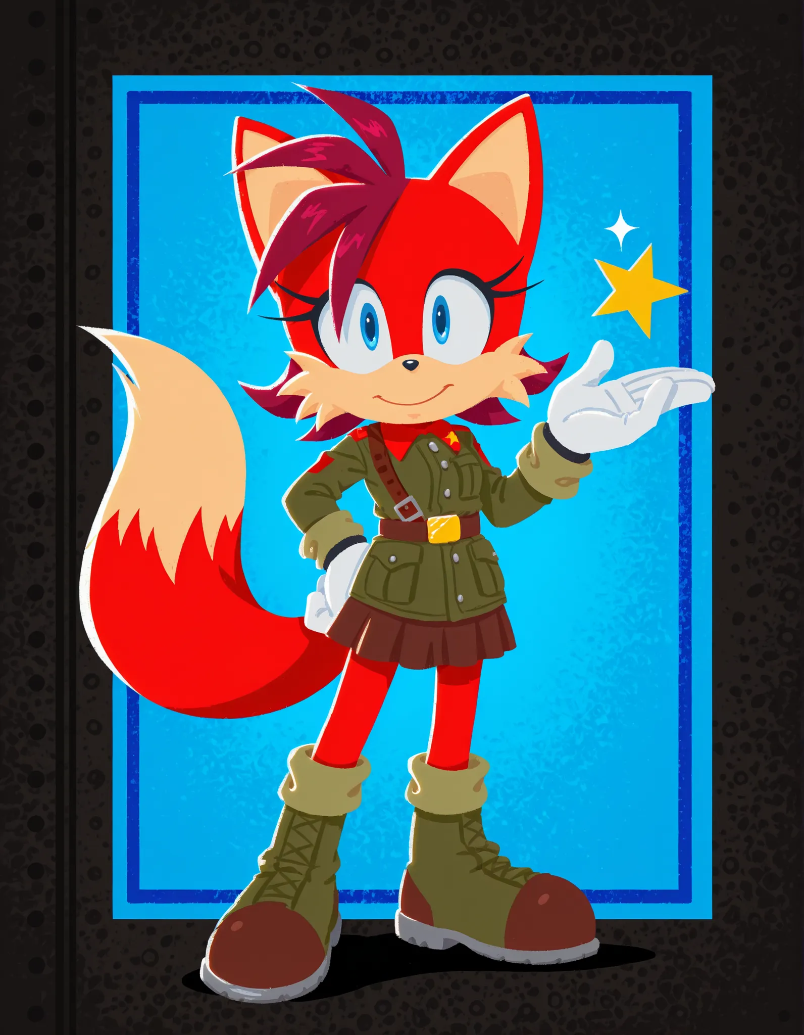 sonicchann3l, pencilsc, sonic (series),, Soviet Military uniform, skirt, belt, Fiona The Fox_\(Sonic\), Red-Beige Fur, Light Blue Eyes, Maroon Hair, Fox Girl, evnstnly