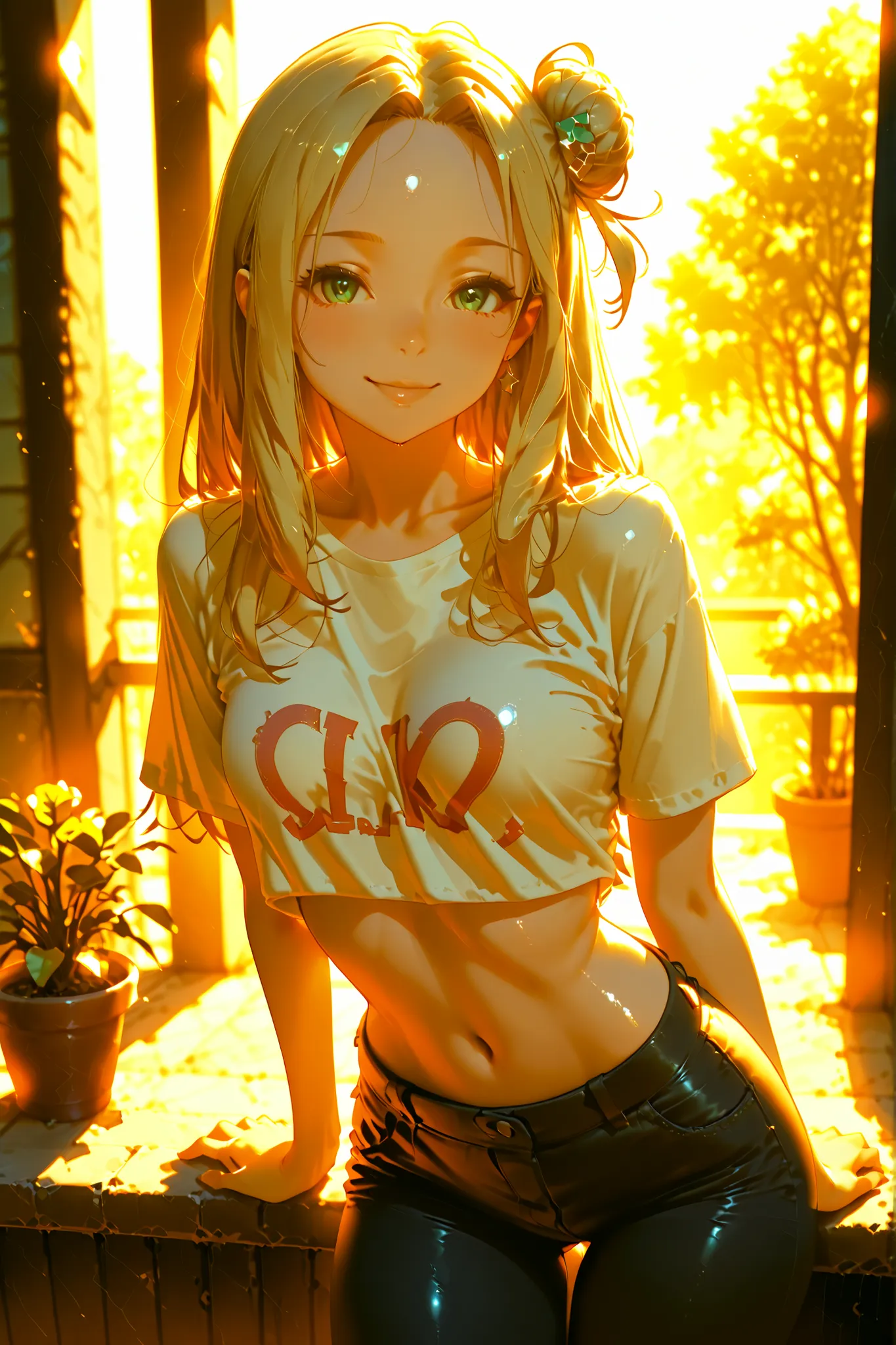 1girl,JK,mesugaki, shiny skin,facial expressions: confident,angle: cowboy shot,viewpoint: from front,pose: leaning forward,hair style: bun with An ornamental hairpin,bangs: forehead,hair length: very short,hair type: flipped,hair color: navy blue,eye color...