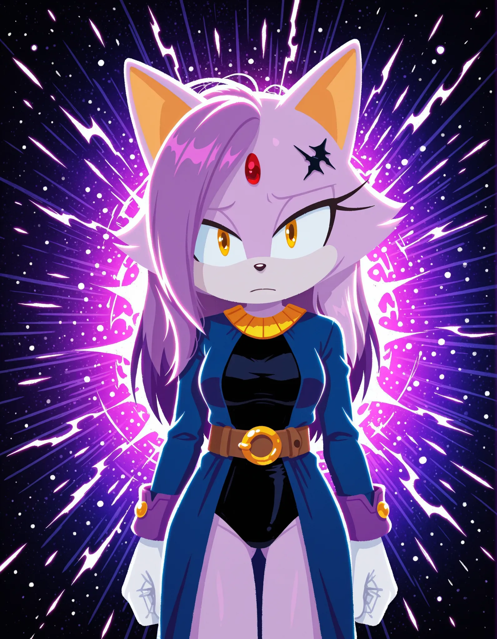 sonicchann3l, pencilsc, sonic (series),, looking at viewer,  very detailed, extremely detailed, (1girl), (solo), Female Cat, Blaze the Cat, (darkish purple fur), dressed as Raven, Cosplay, medium breasts, eyelashes, daytime, mobian, mobius city, (Raven hai...