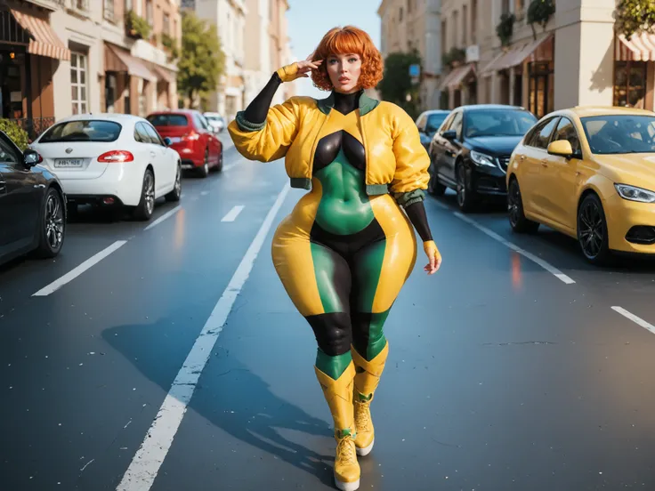 jeangreymarvelnow, 1girl, short hair, ginger hair, medium breasts, black green and yellow bodysuit,gloves, yellow footwear, jacket, at the parking, dreamy and sparkling eyes, Huge lips, orange short,curly bob hairstyle, bimbo, muscles: 0.4, curve-hugging o...