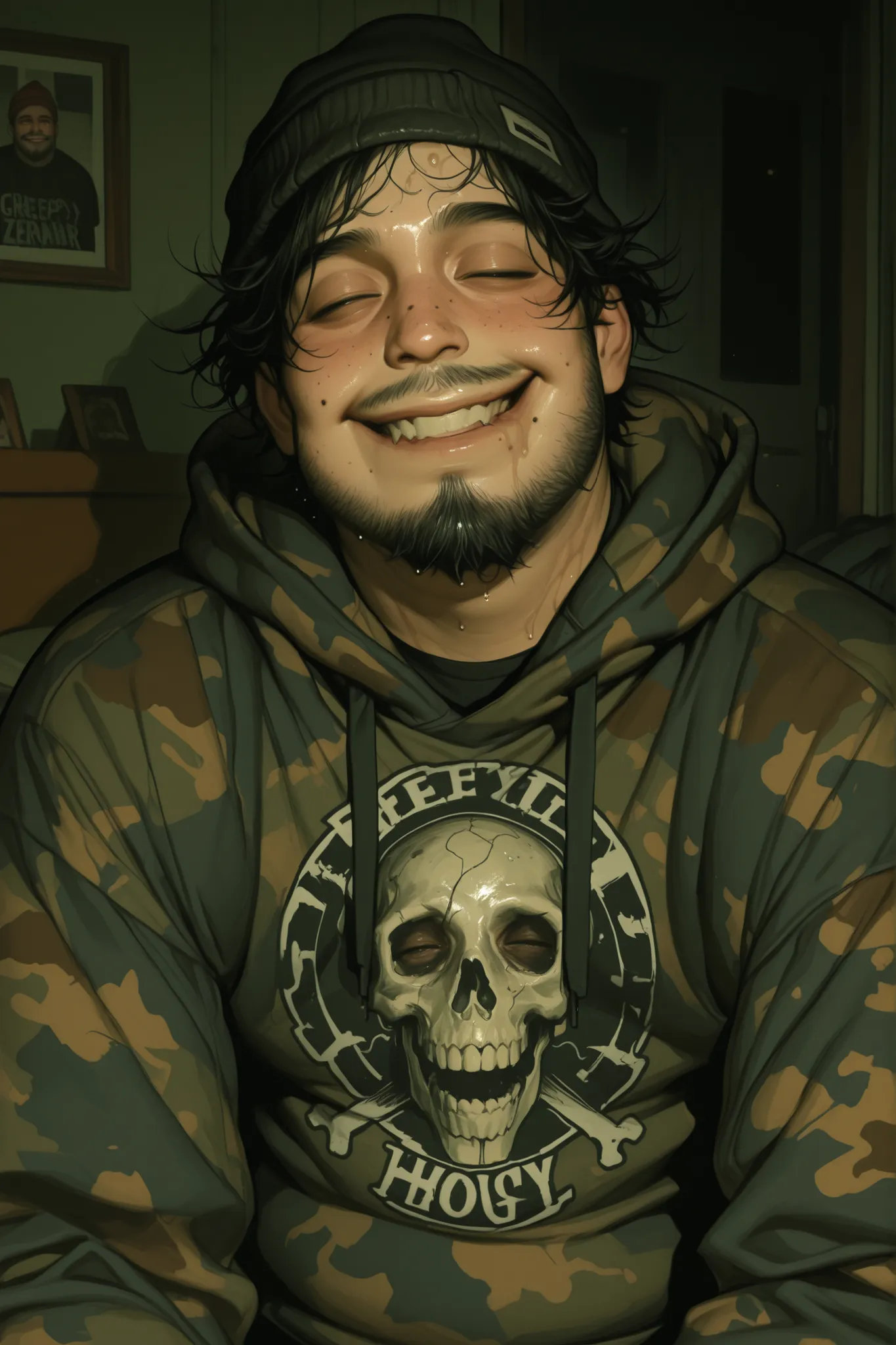 1 boy, chubby grunge goth themed nerdy boy in his 20s, chubby, plus size. fat cherubic face, camo hoodie with a skull on the front, short facial hair, acne on face, short greasy black sweaty hair in emo styled bangs, acne on face, moles, chin hairs, neckbe...