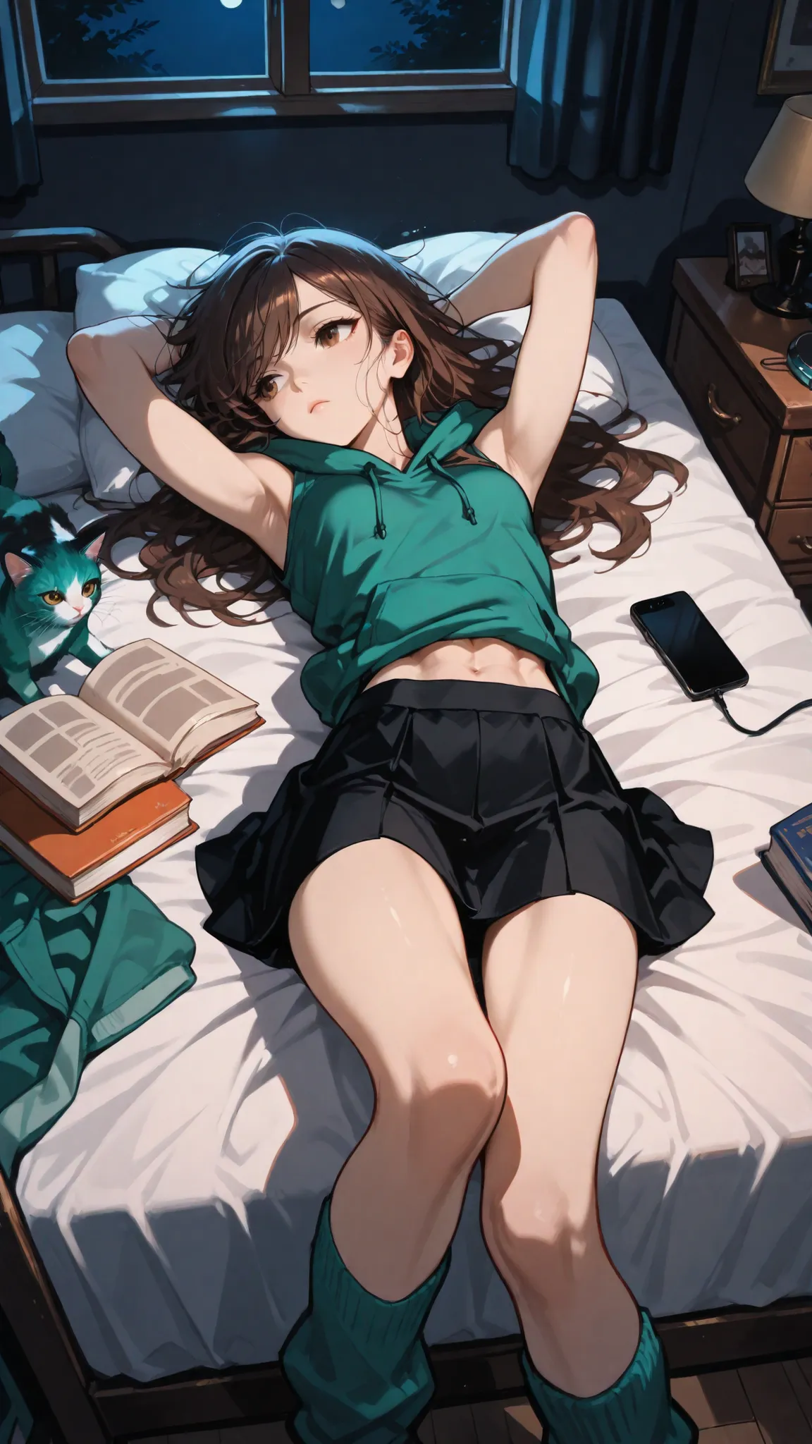 (Masterpiece, best quality), intricate details, JK,, close up, from above, upper body, arms out, laying on bed, open book, reading book, looking at book, brown eyes, messy hair, very long brown hair with teal highlights, sleeveless hoodie, teal hoodie, ba...