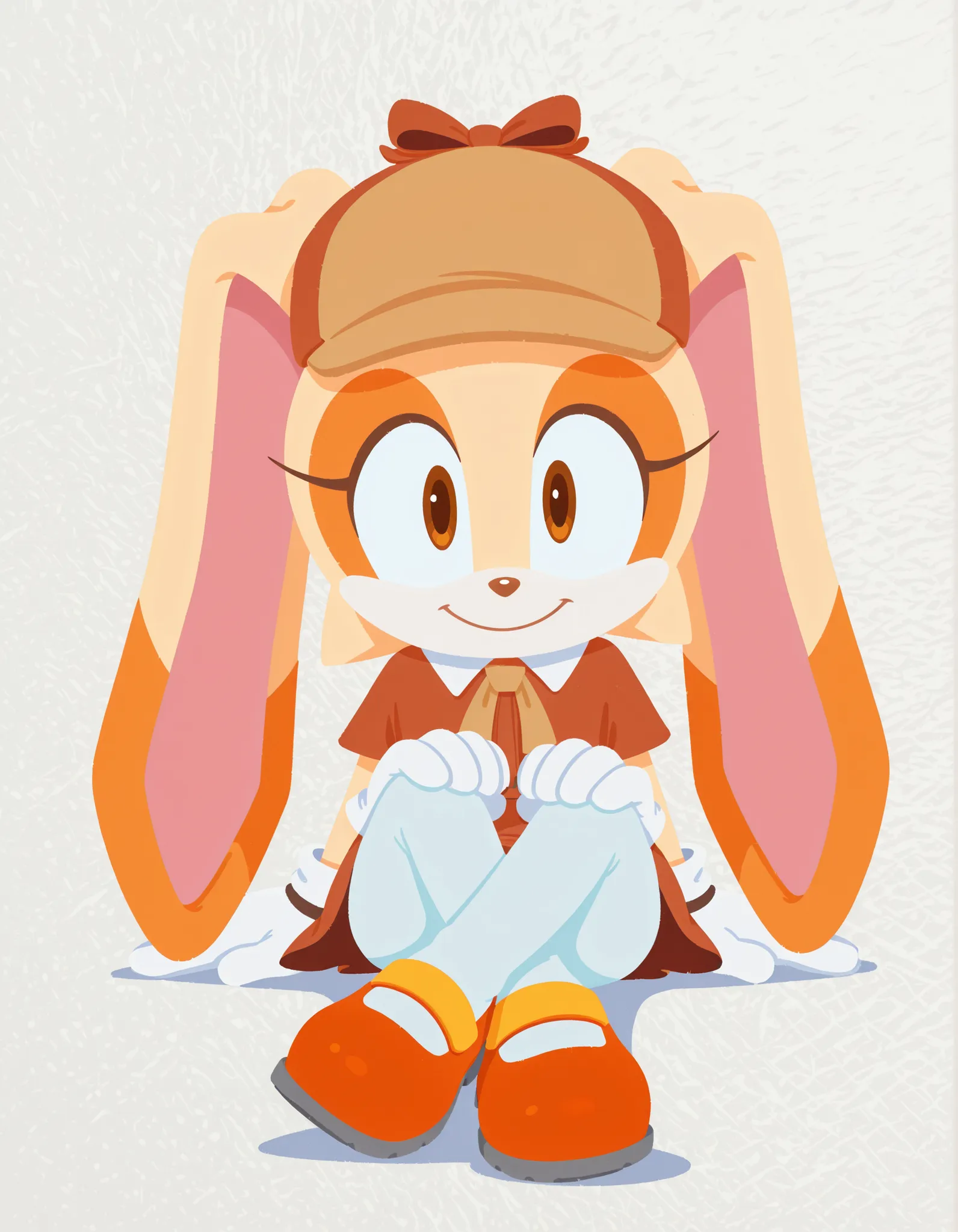sonicchann3l, pencilsc, sonic (series),, 1girl, solo, , flat color, sloppy coloring, smile, leg lock, white gloves, deerstalker, brown headwear, brown capelet, (mary janes), white pantyhose, looking at viewer, rabbit girl, rabbit ears, furry female, cream ...