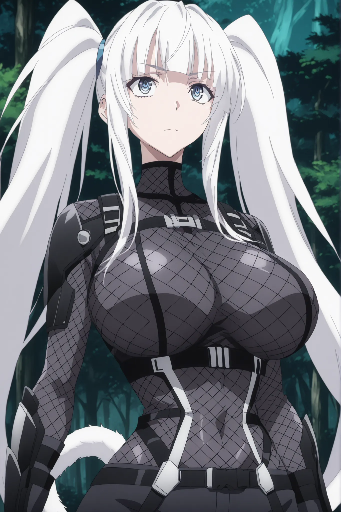 absurdres, (((Ultra HD))), (((Ultra High Quality))), ((hyper detailed)), ((Ultra High Resolution)), (Highly rendered), ((detailed eyes)), (((8K))), ((perfect face)), ((masterpiece)), cinematic, solo, 1girl, tall, thin, blue eyes, white hair, twin tails, bl...