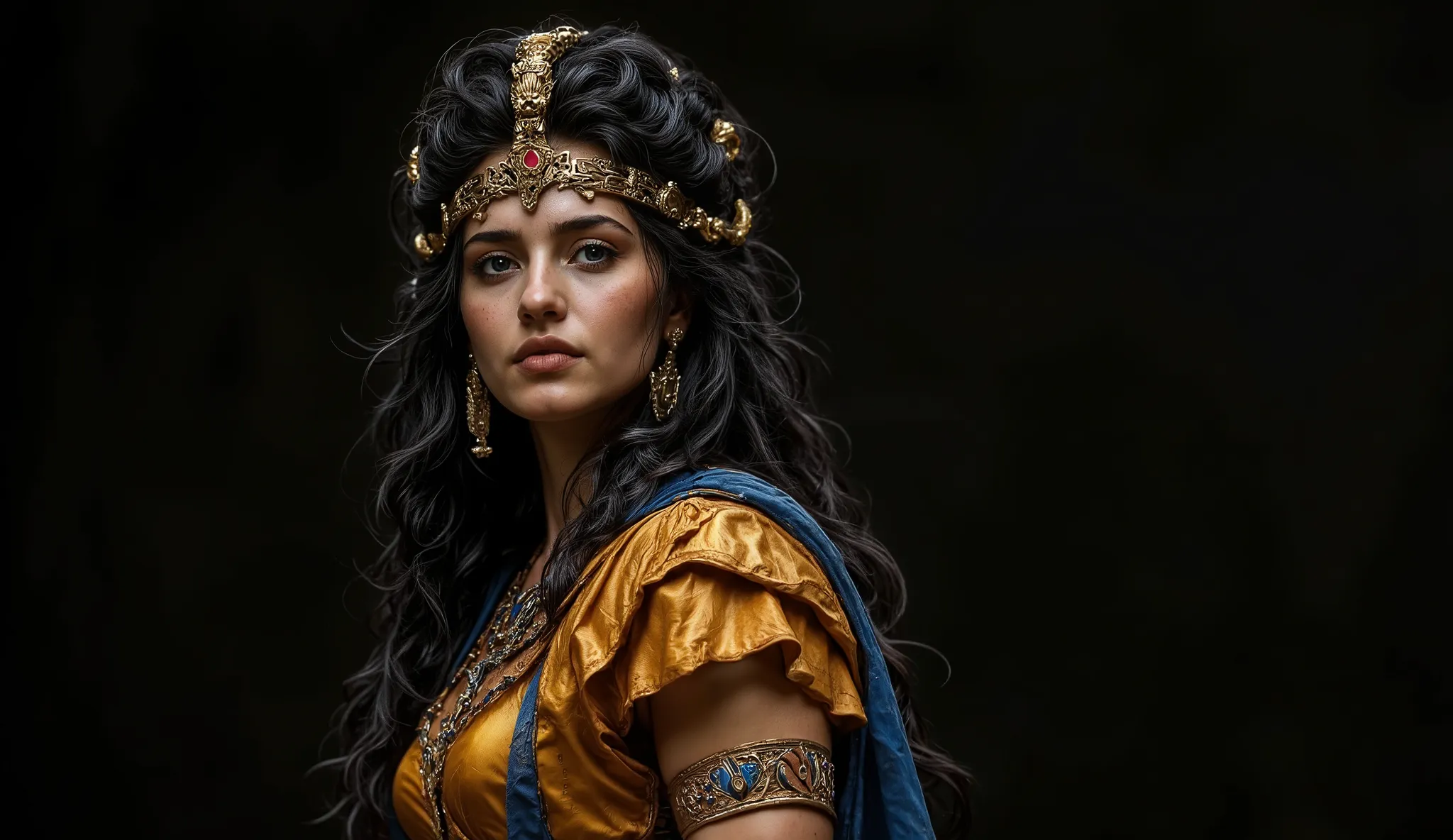 Ptolemaic princess in confident regal posture, looking directly at the camera with philosophical intensity. Wears multi-layered ceremonial attire in shades of gold and Egyptian blue, luxurious fabrics billowing as if animated by invisible energy. Elaborate...