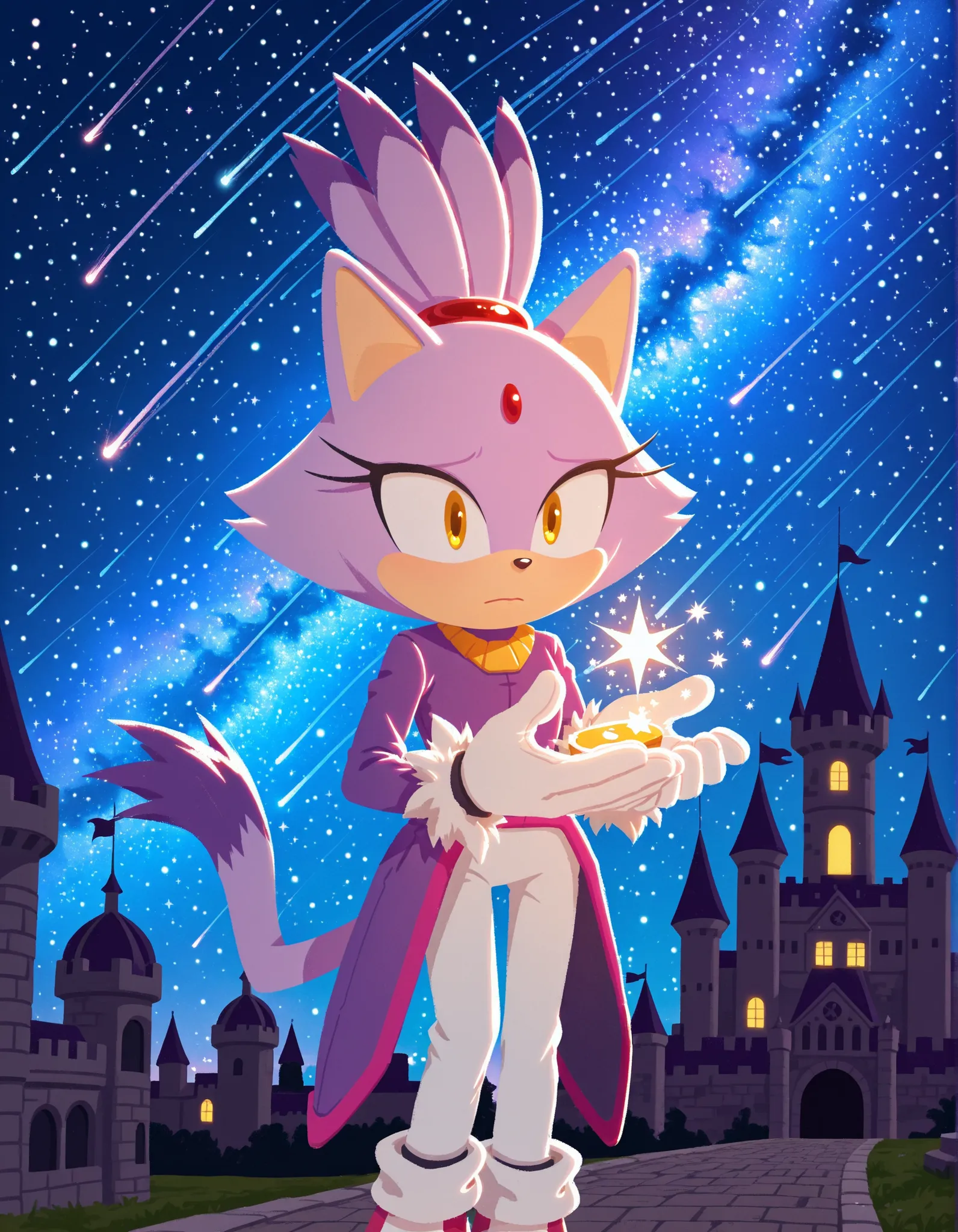sonicchann3l, pencilsc, sonic (series),, masterpiece, best quality, highres, Blaze The Cat, 1girl, gold necklace, white jumpsuit, animal_ears, closed mouth, red forehead jewel, fur-trimmed gloves, fur_trim, furry, furry female, gloves, long_sleeves, purple...