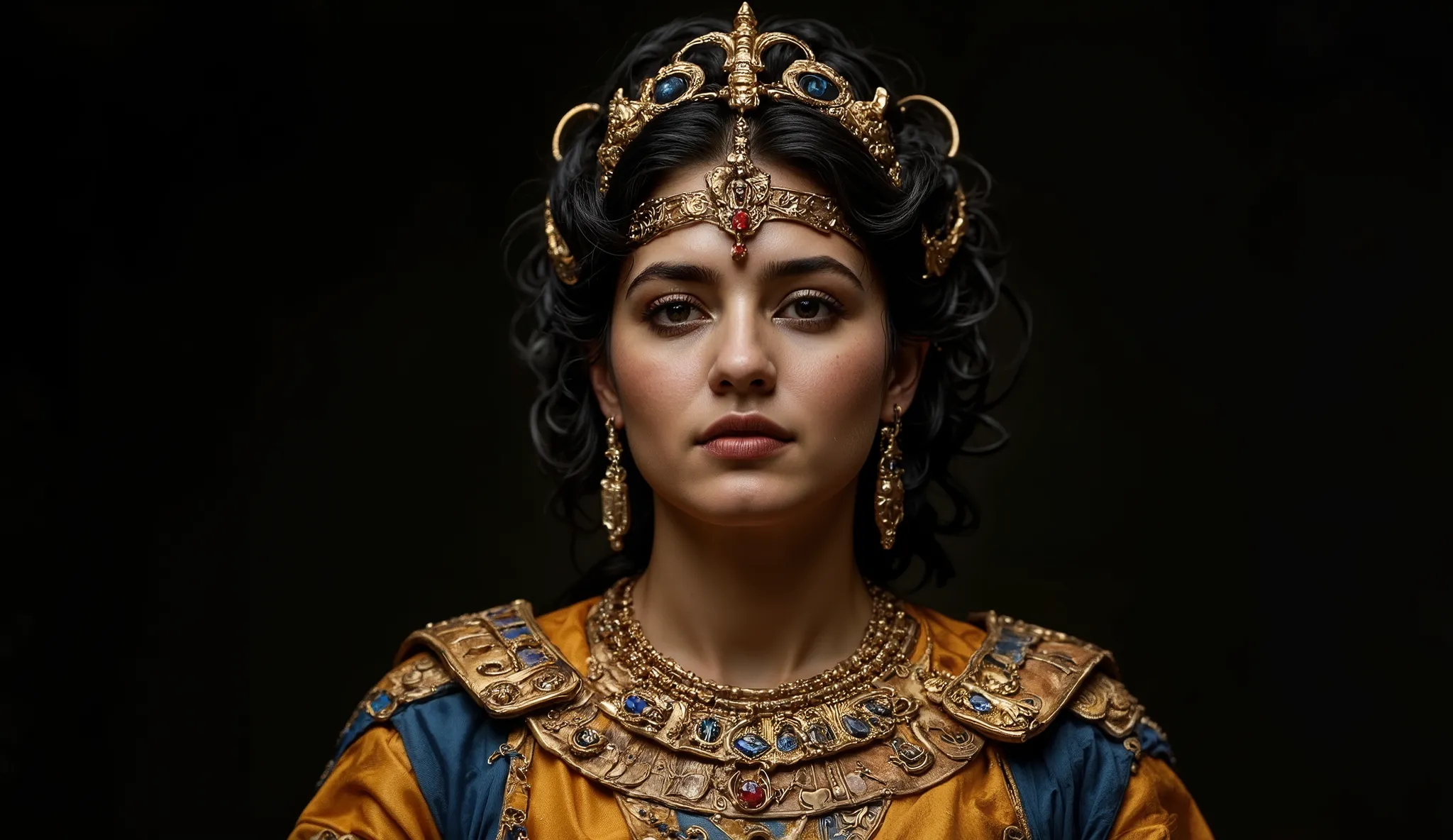 Ptolemaic princess in confident regal posture, looking directly at the camera with philosophical intensity. Wears multi-layered ceremonial attire in shades of gold and Egyptian blue, luxurious fabrics billowing as if animated by invisible energy. Elaborate...