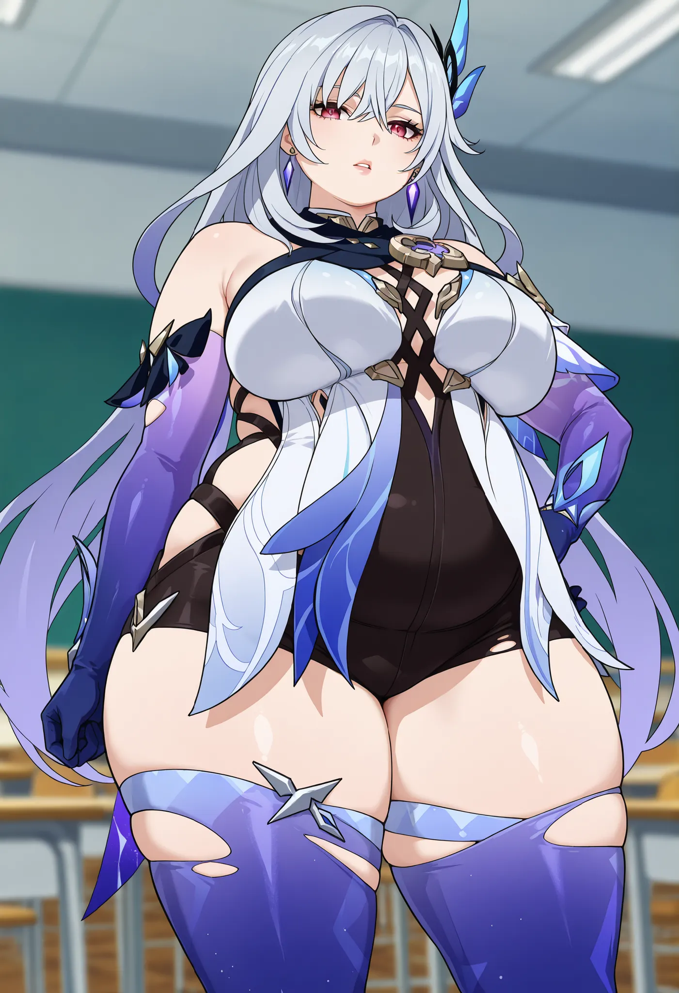 anime screencap, masterpiece, best quality,
1girl, solo, parted lips,
1girl, solo, mature female, skirk \(genshin impact\), genshin impact, 1girl, solo, breasts, long hair, gloves, thighhighs, looking at viewer, elbow gloves, hand on hip, bangs, hair orna...