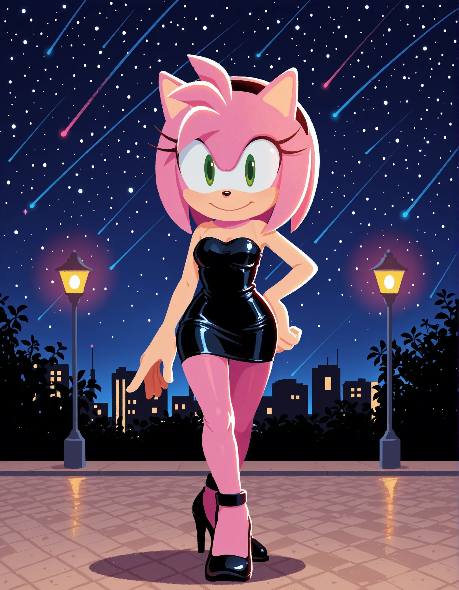 sonicchann3l, pencilsc, sonic (series),, full body, Amy rose, seductive, bare shoulder, little black dress, strapless dress, short bodycon dress, skin-tight dress, black high heels, sundown, park background smile, hand on hip, 2D illustration