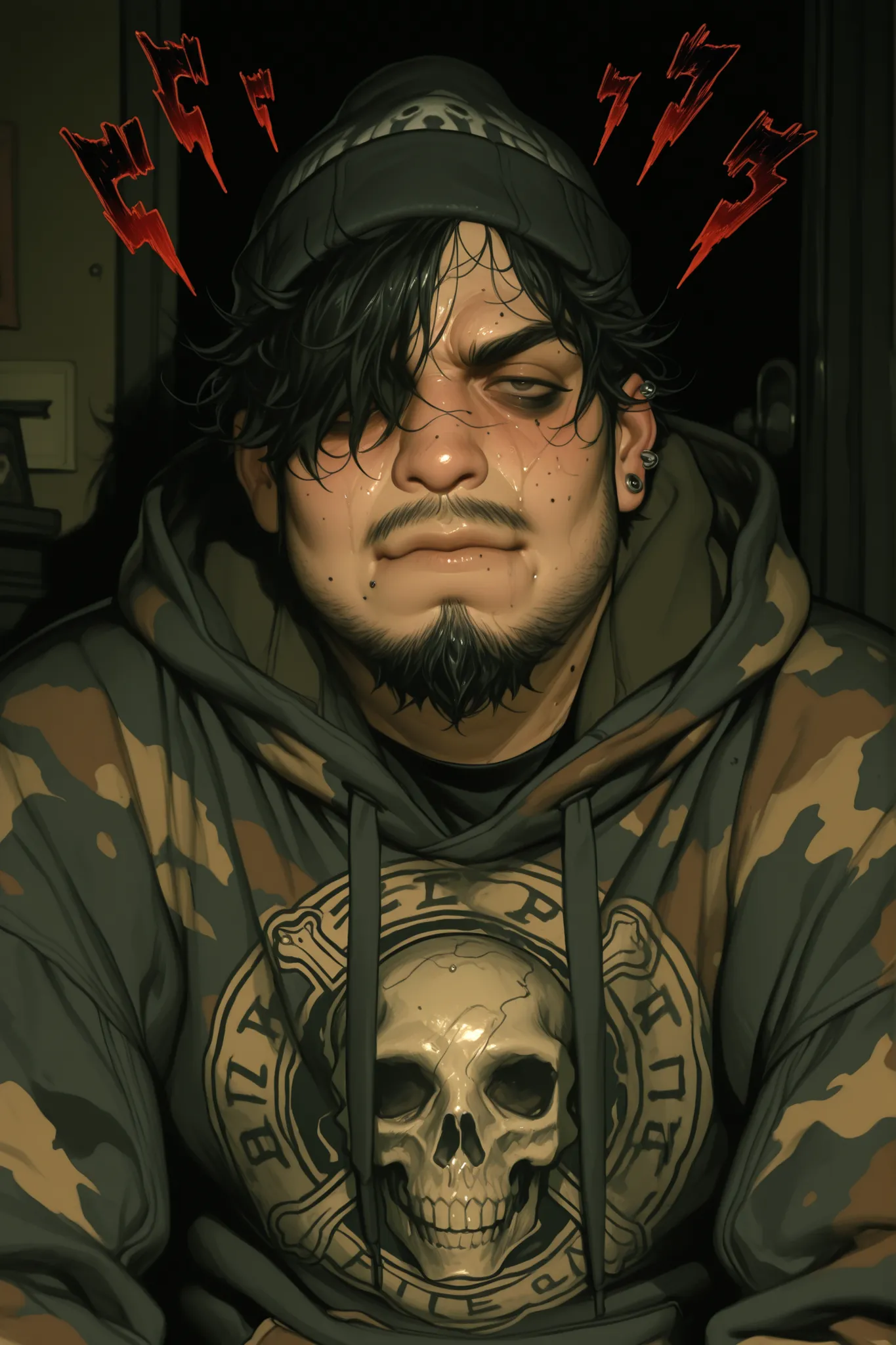 1 boy, chubby grunge goth themed nerdy boy in his 20s, chubby, plus size. fat cherubic face, camo hoodie with a skull on the front, short facial hair, acne on face, short greasy black sweaty hair in emo styled bangs covering one eye, acne on face, moles, c...