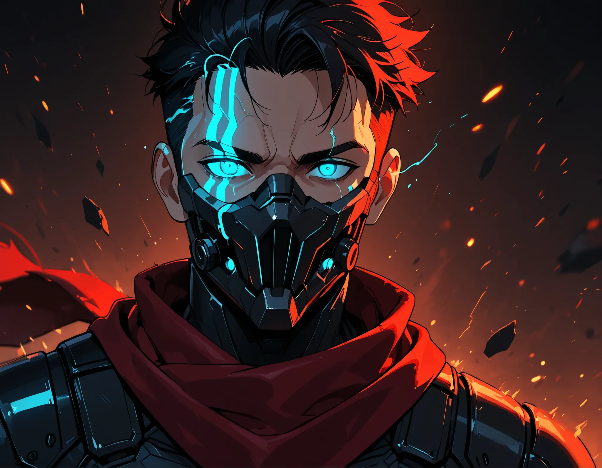 score_9, score_8_ up, score_7_ up, Takeda, A powerful anime-style male character with wild, spiked black hair glowing with streaks of red and teal energy. He has intense, glowing aqua-blue eyes full of rage and resolve, partially obscured by a dark, armore...