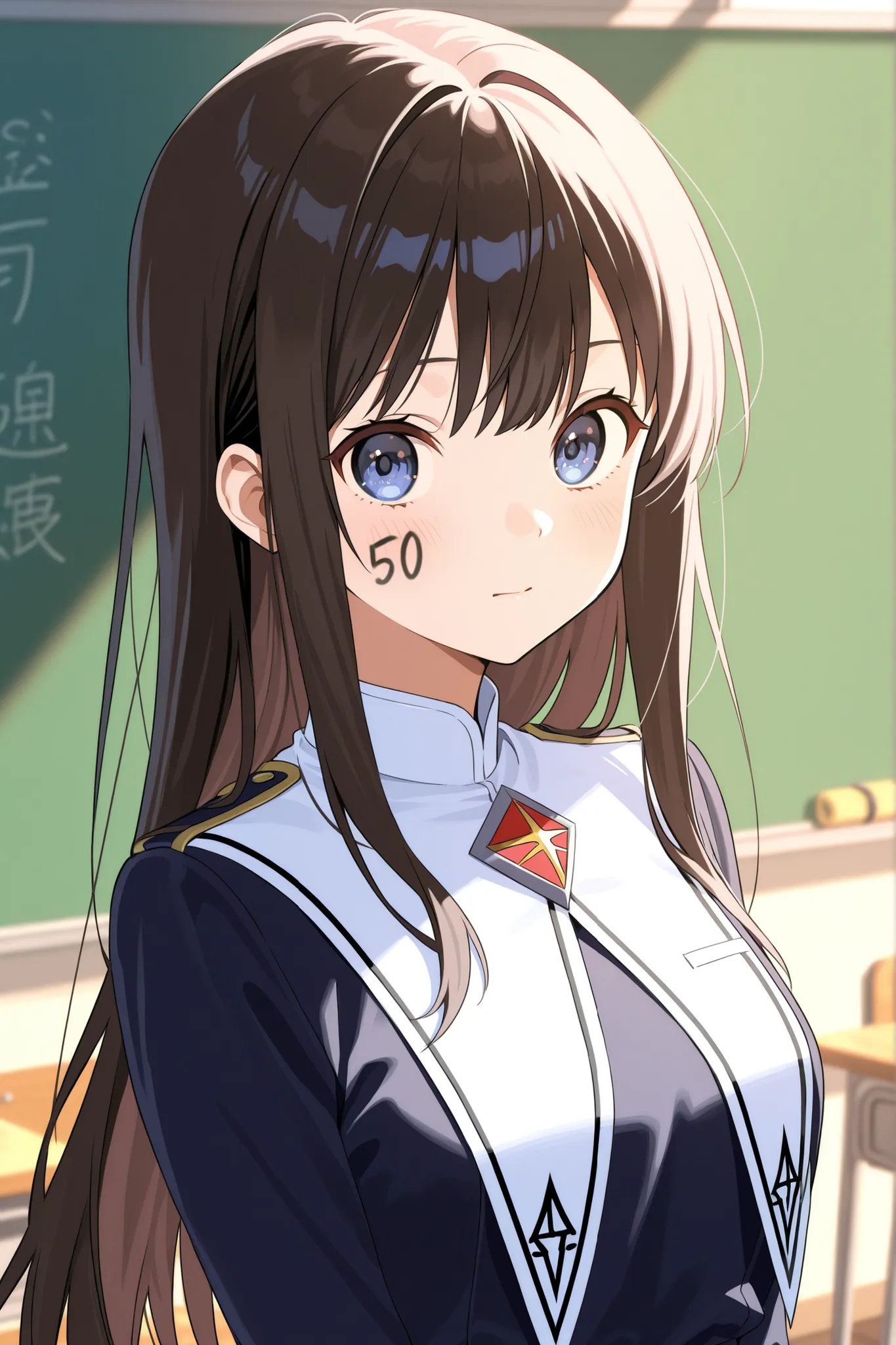 The number「50」is written on the cheek、upper body、Absard Dress、female student、uniform、Classroom、