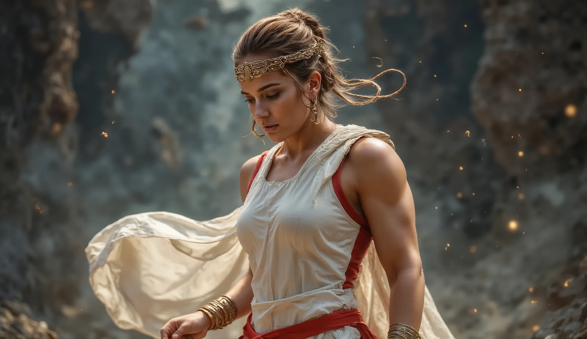 Young Spartan queen with elegant athletic physique, body posture communicating disciplined strength and stoic control. White royal chiton with red details flowing dramatically around the body. Royal robe fastened over one shoulder creating dynamic movement...