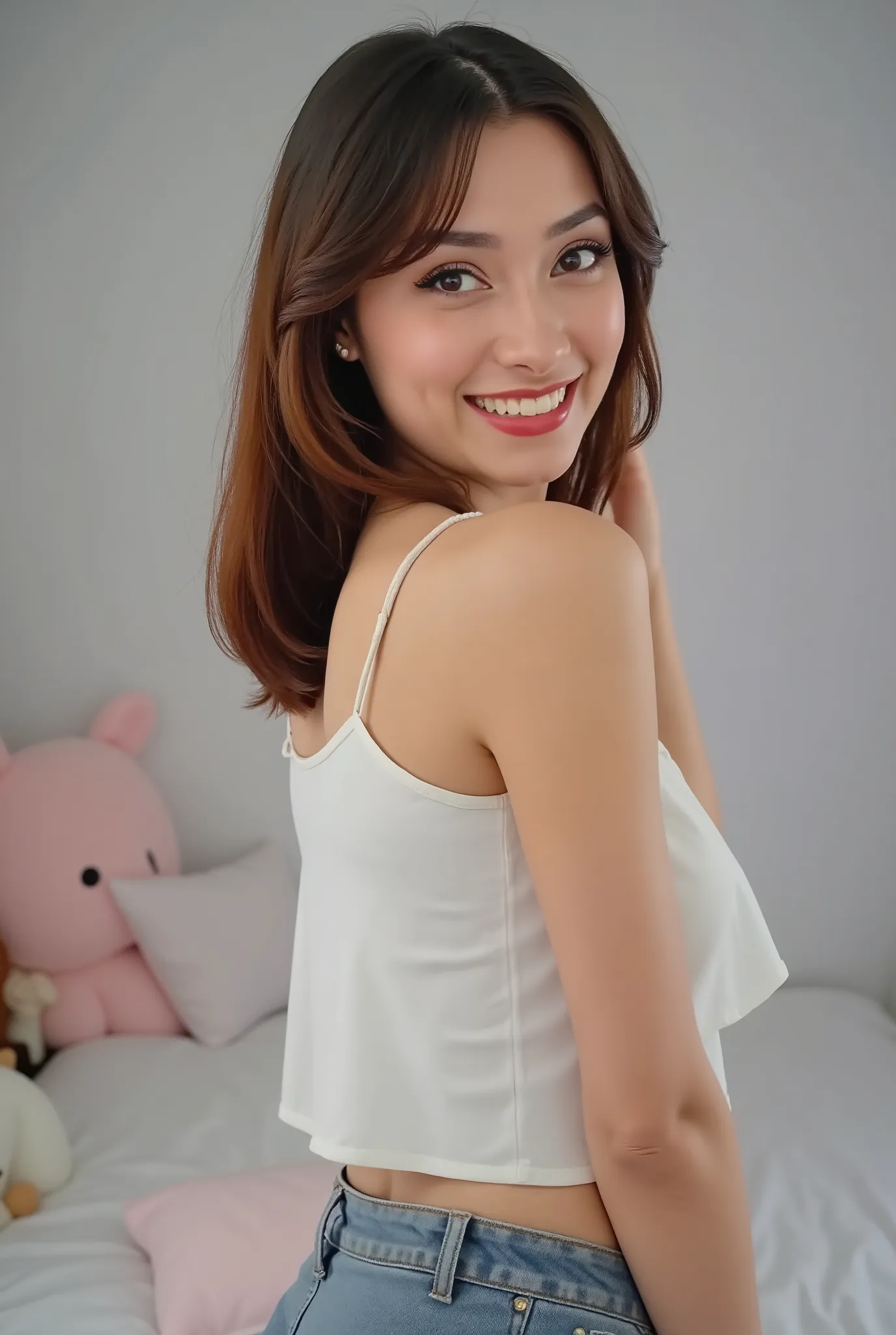 woman posing for a picture, smiling, flat grey background
