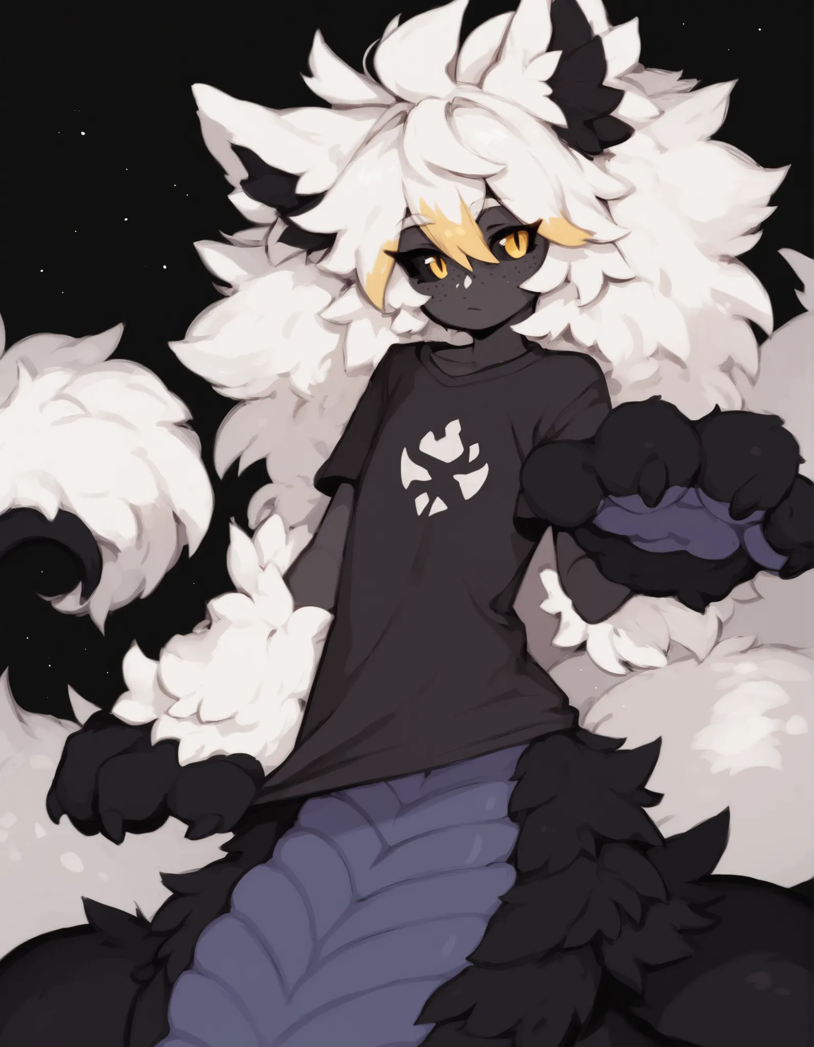 solo, (Score_9, score_8_up), (expressive yellow eyes), perfect face, femboy, (masterpiece), MGE, (bunyip), animal limbs, lamia, (animal arms), animal ears, (furry tail topside:1.2), plain oversized t-shirt, unnatural skin color, black skin, freckles, black...