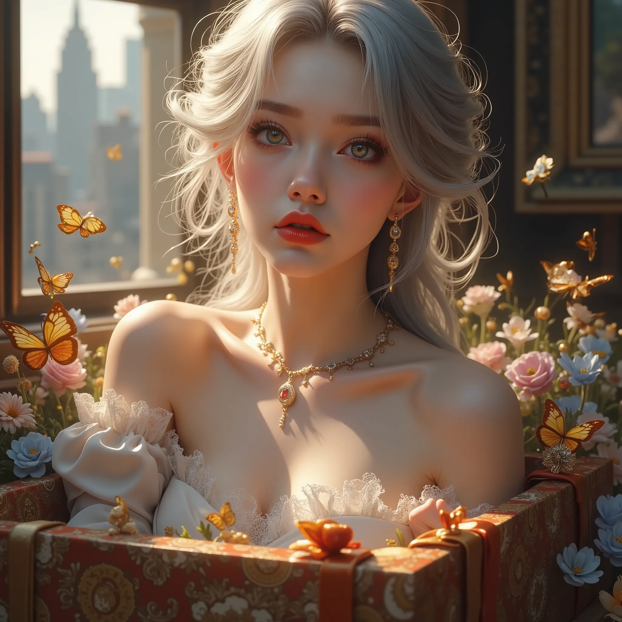 ((Woman Lying Inside a Gift Box))、(masterpiece、Highest Quality、steampunk art、sunlight、illuminates your face、Super Detail、written with thigh composition、Magic Rim、Gray Hair、Real queen、 red lips、Super Detail、very detailed、(high contrast:1.11)、wind、great、beau...
