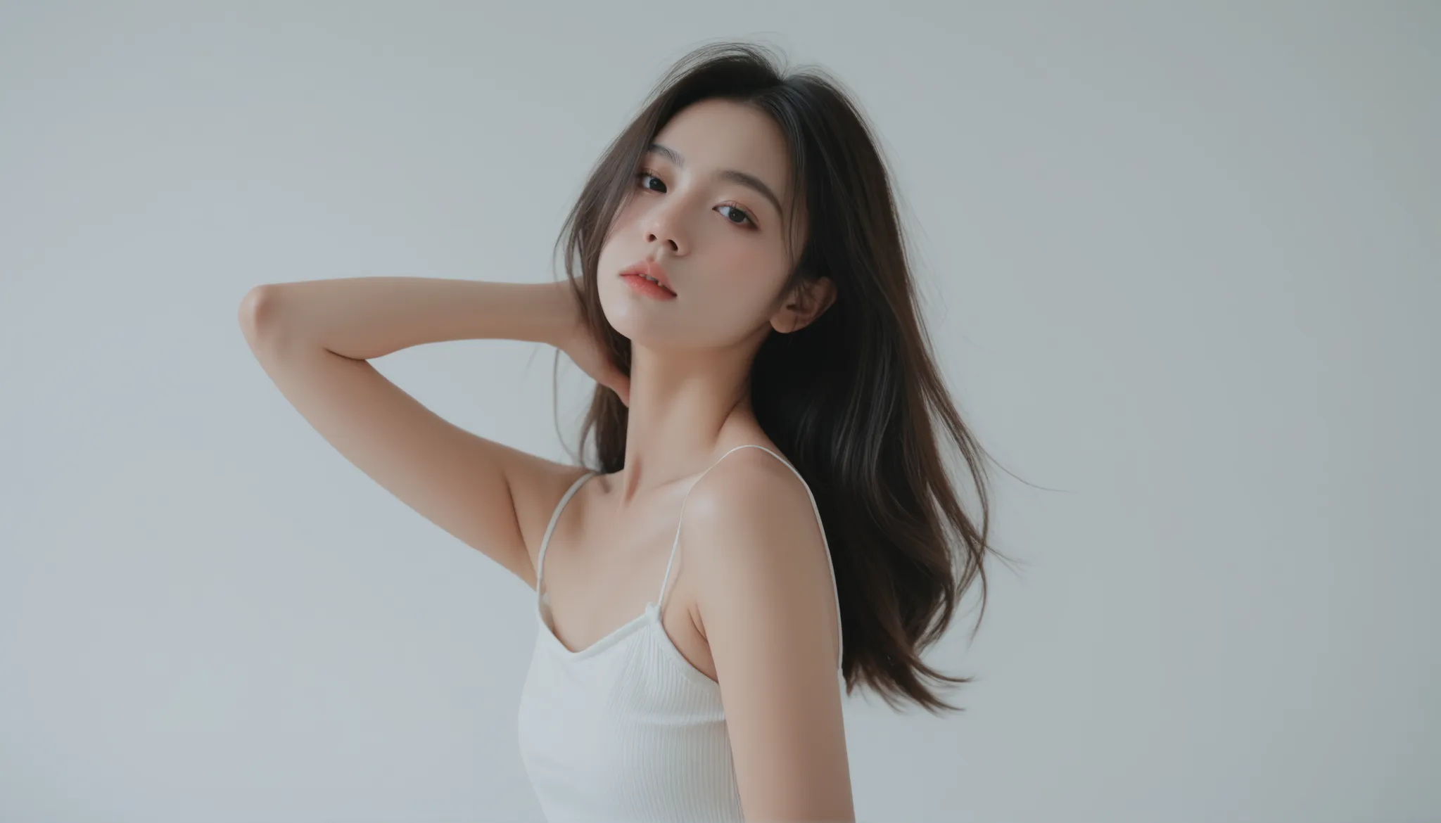 real woman 、beautiful skin、white camisole、brightly lit studio 、white background