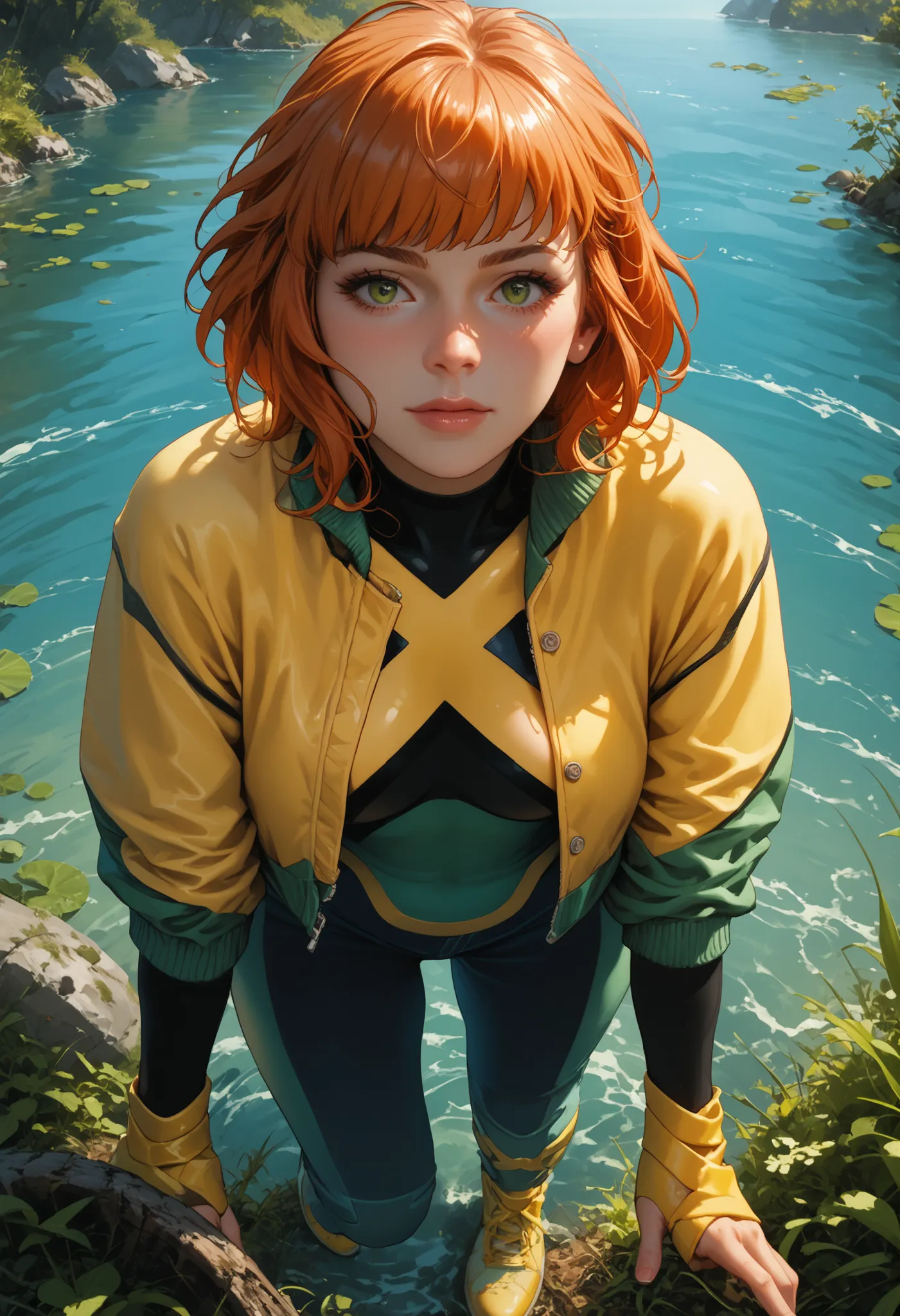 jeangreymarvelnow
1girl, short hair, orange hair, medium breasts, black green and yellow
bodysuit,
gloves, yellow footwear, yellow jacket, green eyes, Small saggy breast, huge hips., an impatient expression on his face, choker. looking at the viewer, shi...