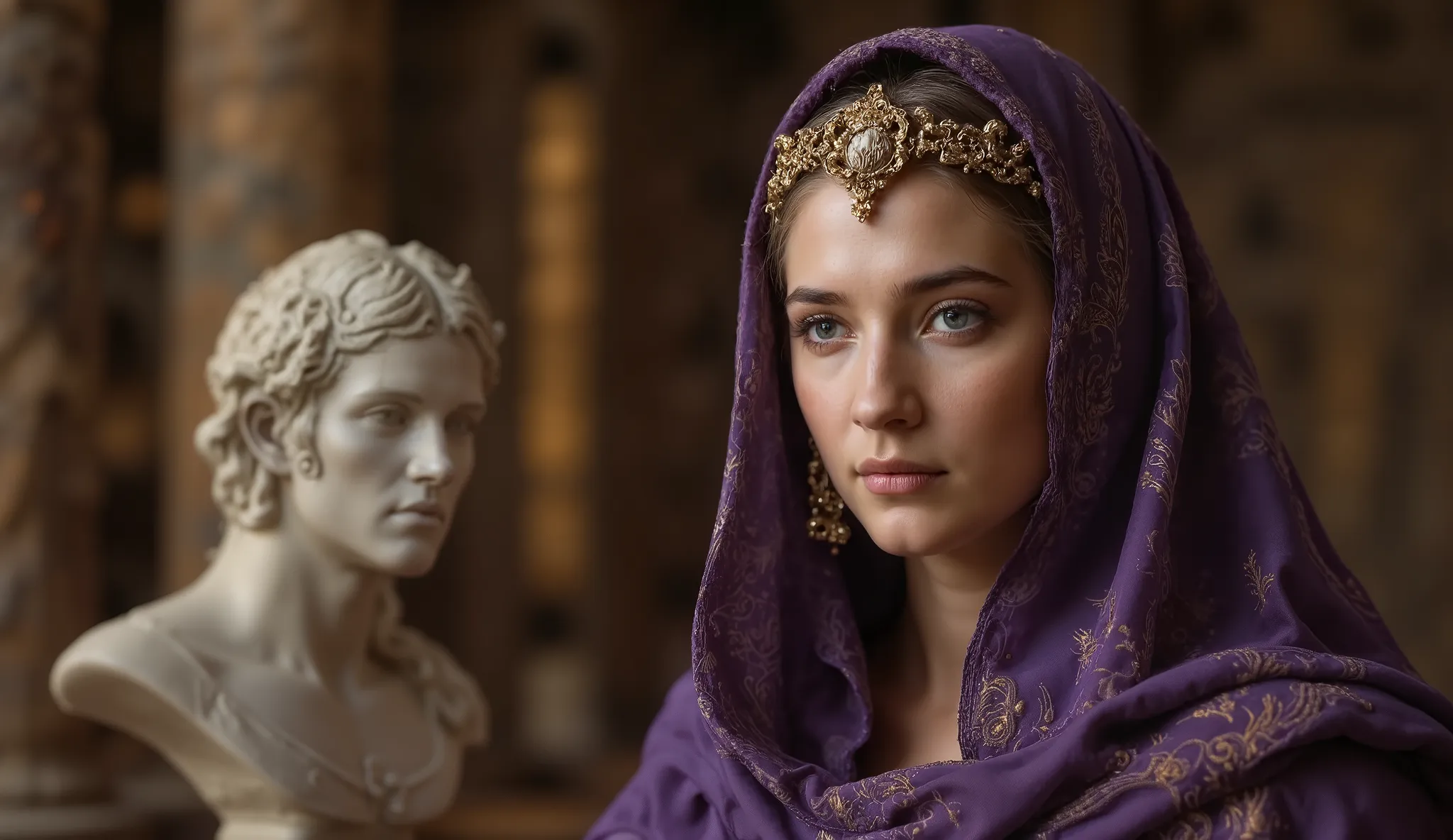 Roman queen in dramatic close-up, piercing gaze of stoic wisdom. Deep purple royal robe with imperial gold embroidery, flowing fabric elegantly framing her face. Discreet diadem with cameo of Marcus Aurelius. Facial expression combining radiant youth and q...