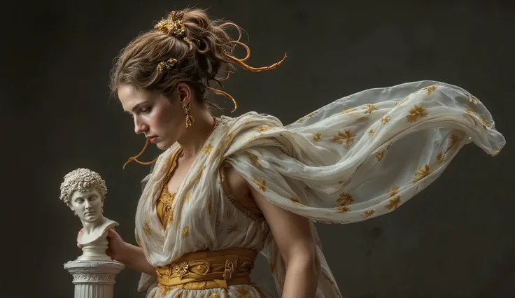 Hellenistic aristocrat in philosophical posture, American shot with absolute focus on her figure. Wears a translucent silk stole in layers of white and gold fluttering dramatically as if animated by invisible energy. Delicately holds a small bust of Chrysi...