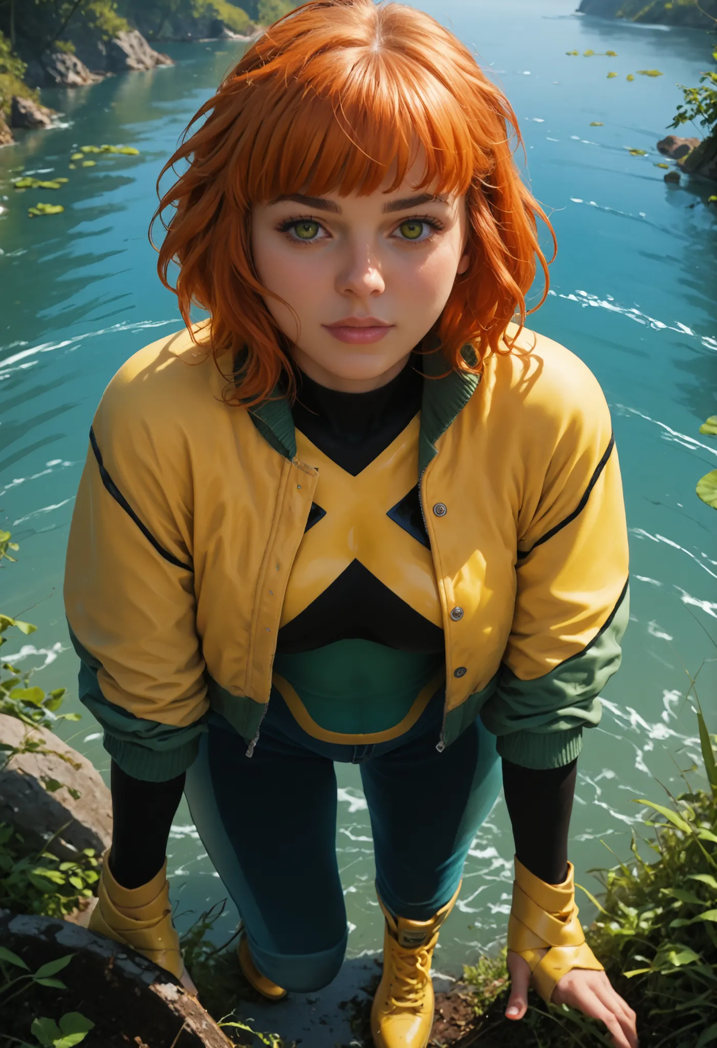 jeangreymarvelnow
1girl, short hair, orange hair, medium breasts, black green and yellow
bodysuit,
gloves, yellow footwear, yellow jacket, green eyes, Small saggy breast, huge hips., an impatient expression on his face, choker. looking at the viewer, shi...