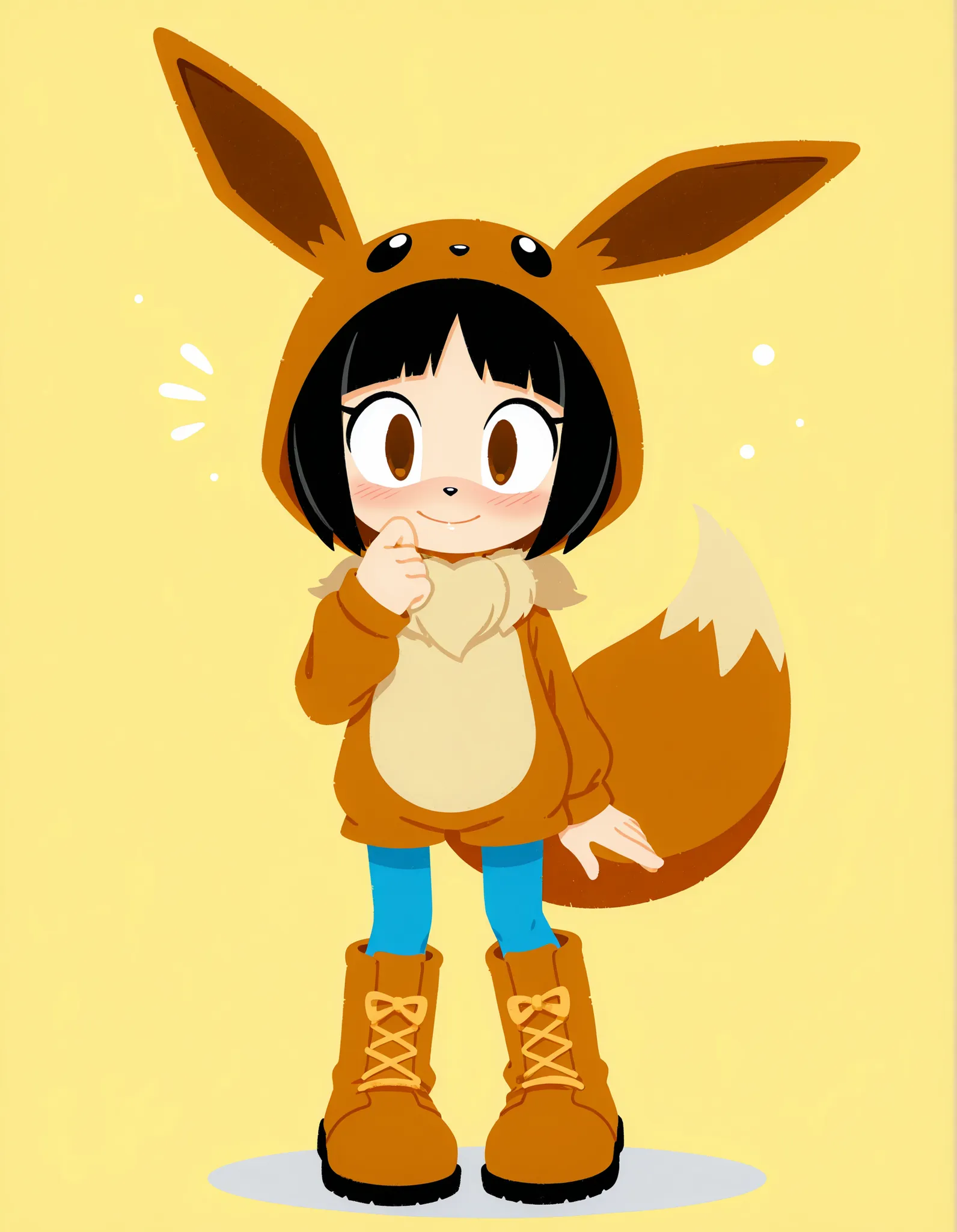 sonicchann3l, pencilsc, sonic (series),, 1girl, solo,
 sketch, flat color, (round eyes:1.4), gingham crop top, orange gym shorts, blue pantyhose, knee boots, looking at viewer, light smile, ear blush,
brown eyes, short hair, black hair, eevee onesie, poke ...