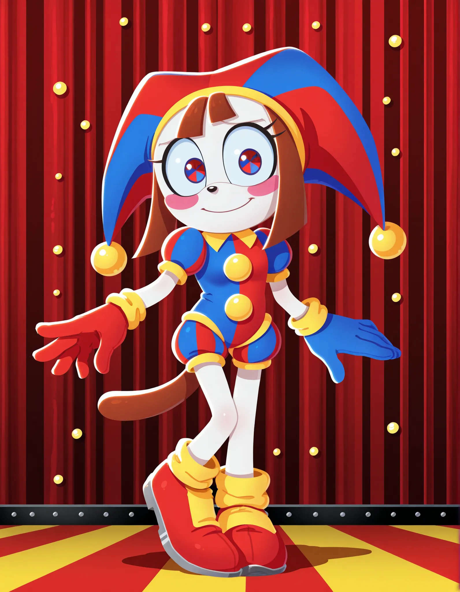 sonicchann3l, pencilsc, sonic (series),, 1girl, solo, furry, Pomni, Pomni_(The_Amazing_Digital_Circus), mobian cat, dog ears, blue eyes, white body fur, brown hair, straight bangs, looking at viewer, smile, oily skin, eyeshadows, (short body, tiny body), b...