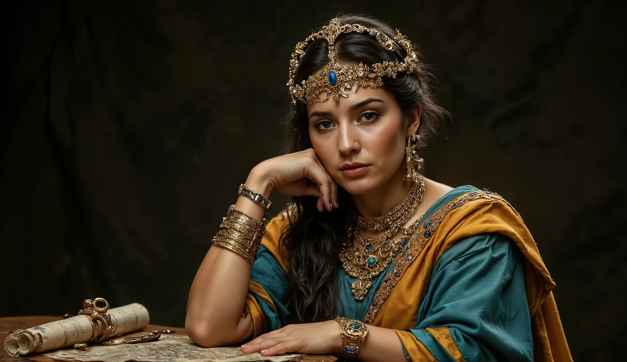 "Ptolemaic princess in confident regal posture, looking directly at the camera. Wears multi-layered ceremonial attire in gold and turquoise tones, luxurious fabrics flowing dynamically around her. Stoic portico symbol ring visible on her elegantly position...