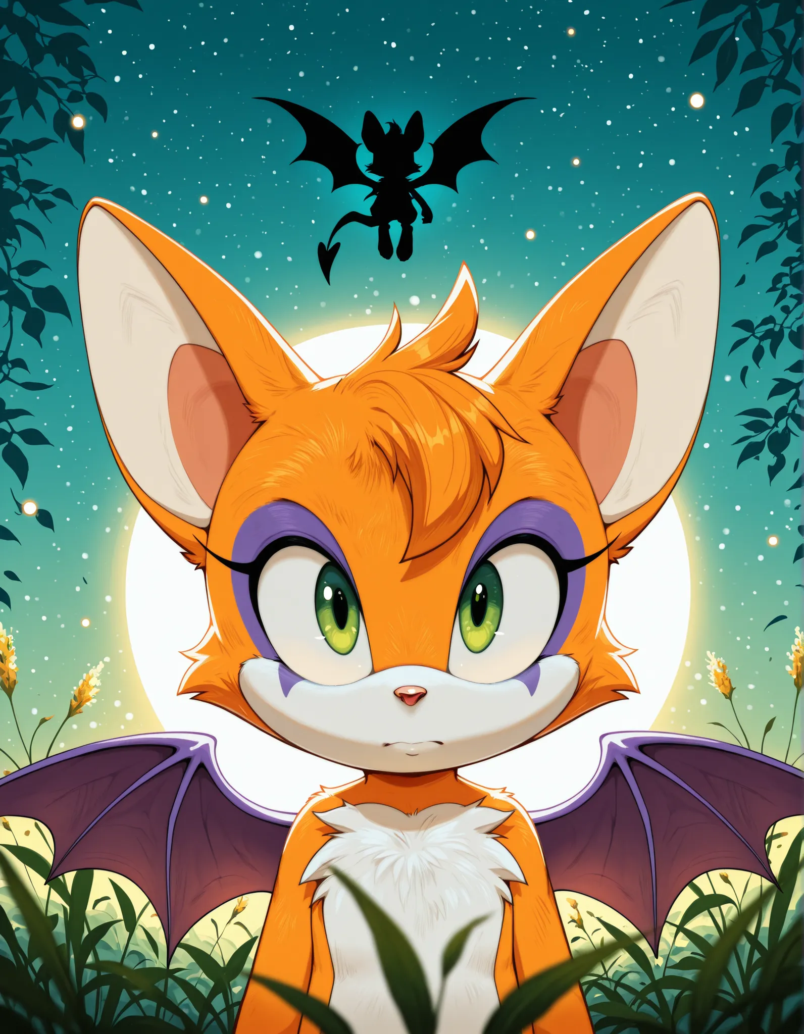 onmodelblobian, sonic (series),, Alone, furry, Fidget \(elysian TAIL\), Nimbat, Fidget _daet, anthropology, furry female, wings, TAIL, green eyes, colored sclera, bat wings, facial markings, orange fur, white fur, two-tone fur ,membranous wings, fluffy, po...